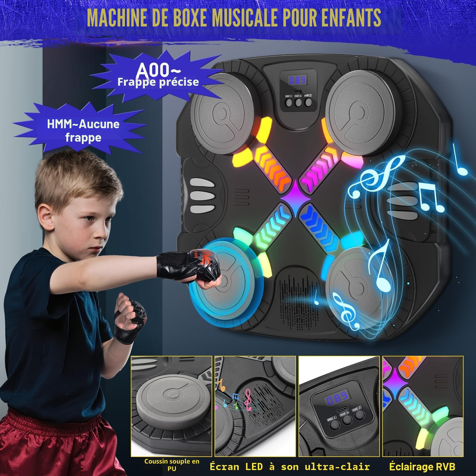 Esnowlee Machine de Boxe Musicale Jouet de Sport pour Enfants - Cible Bluetooth Murale avec lumières et Son, Cadeau pour garçons et Filles âgés de 3 à 12 Ans (Noir)