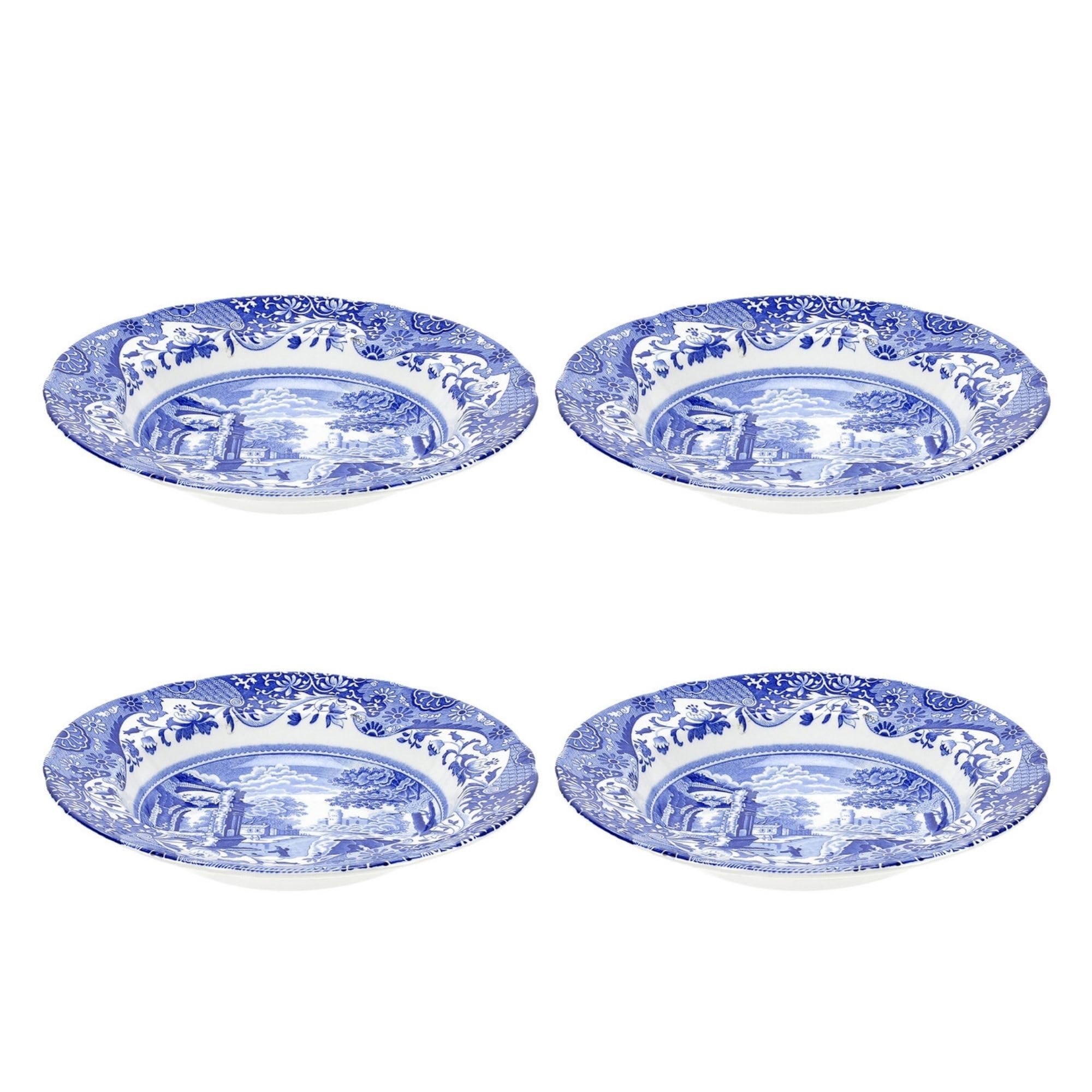 Spode Blue Italian Soup Bowls | Set of 4 | 9Inch | Soup, Pasta, and Salad Serving Bowls | Round, Wide Rim Bowl | Microwave Safe | Dishwasher Safe | Made in England