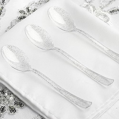 Efavormart - Paquete de 25 cucharas de plástico clásicas resistentes con purpurina plateada transparente de 7 pulgadas, utensilios desechables