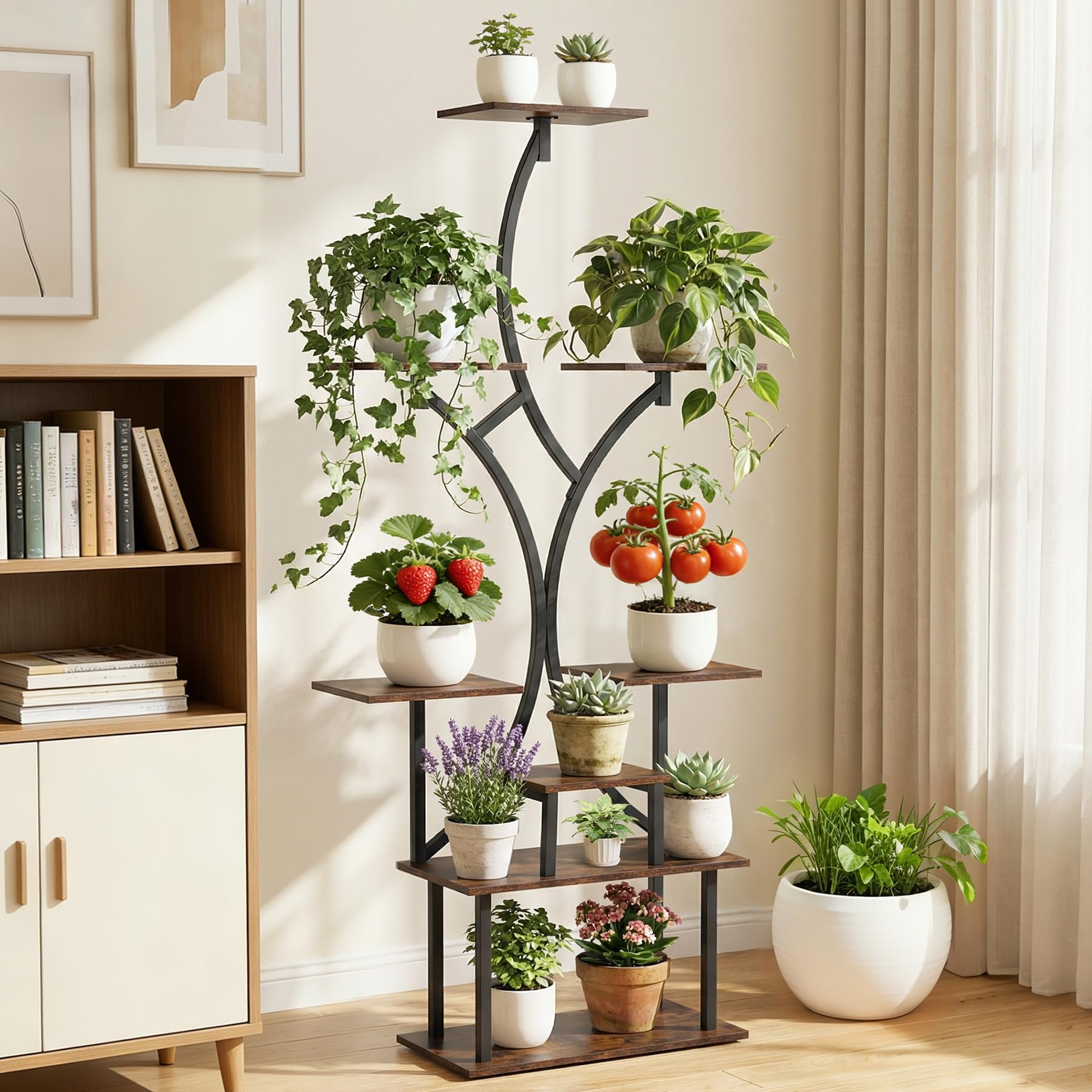 VAYALT Pflanzenständer, 162cm Hoch mit 8 Ebenen Blumenregal aus Holz & Metall, Pflanzenständer Mehrere, Indoor & Outdoor Pflanzenregal, Dekoratives Pflanzenregal für Balkon, Garten und Wohnzimmer