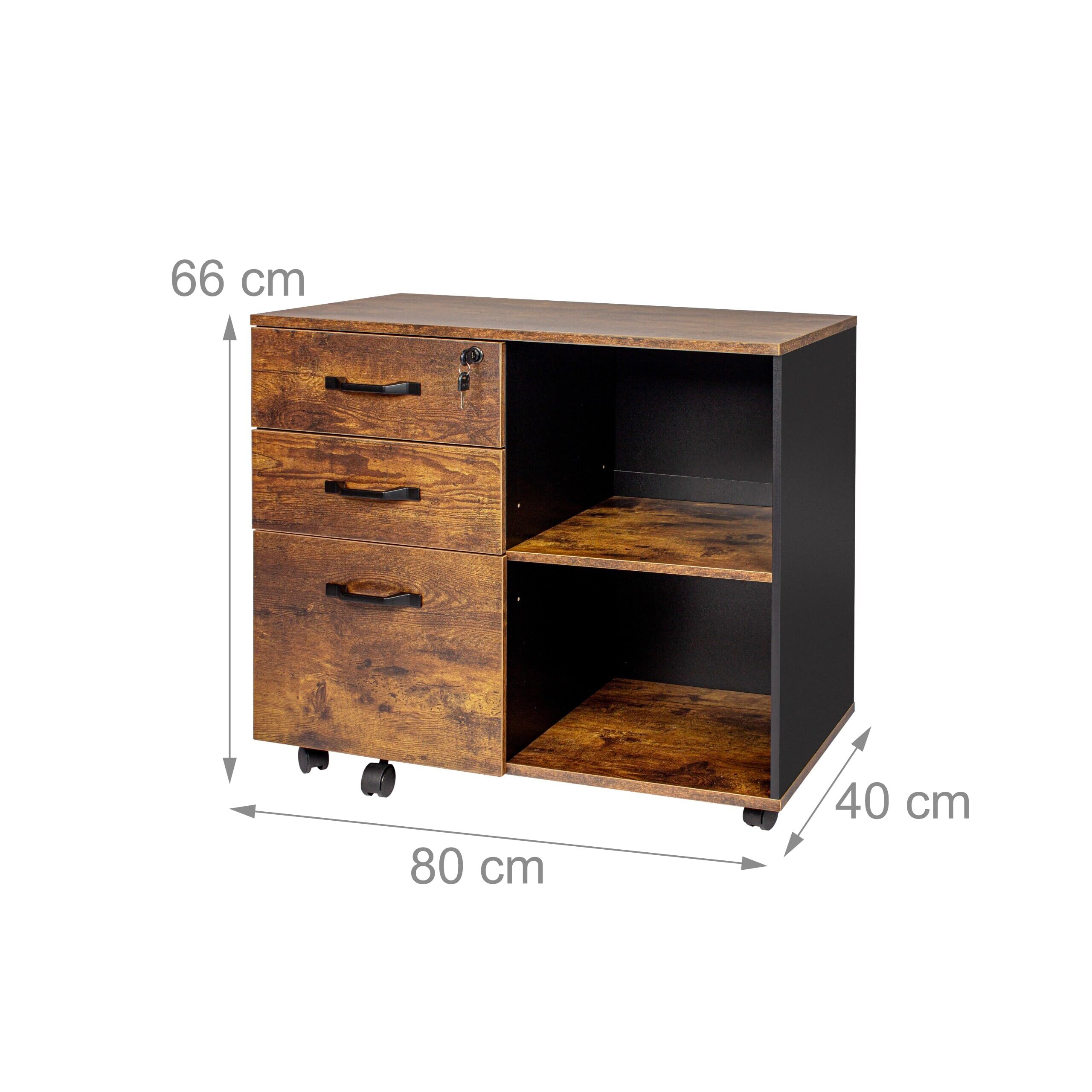Relaxdays Cassettiera sotto Scrivania da Ufficio, Mobile con Chiave, 3 Cassetti Portadocumenti, 66x80x40 cm, Industriale