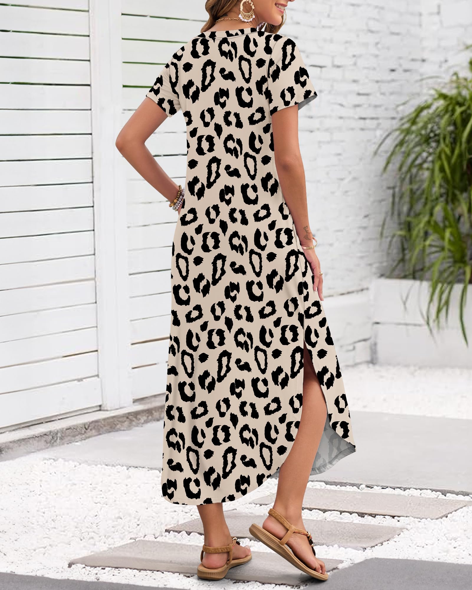 MISFAY Vestido largo de verano para mujer, casual, manga corta, cuello en V, holgado, con abertura, vestido largo para la playa