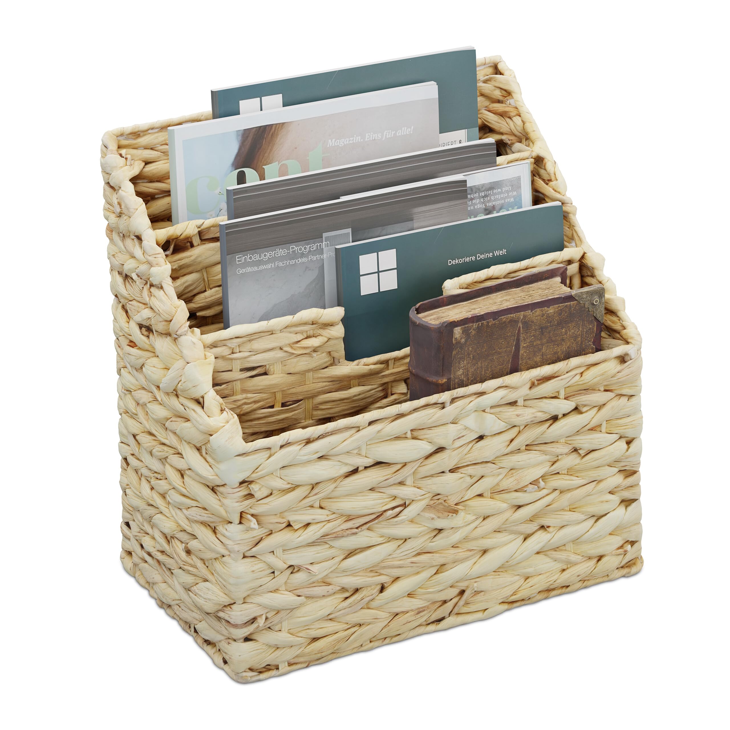 Relaxdays Magazine Holder, Water Hyacinth, Freestanding, 34 x 34 x 20 cm, Newspaper Rack with 3 Compartments, Natural, Plant fibre, Iron