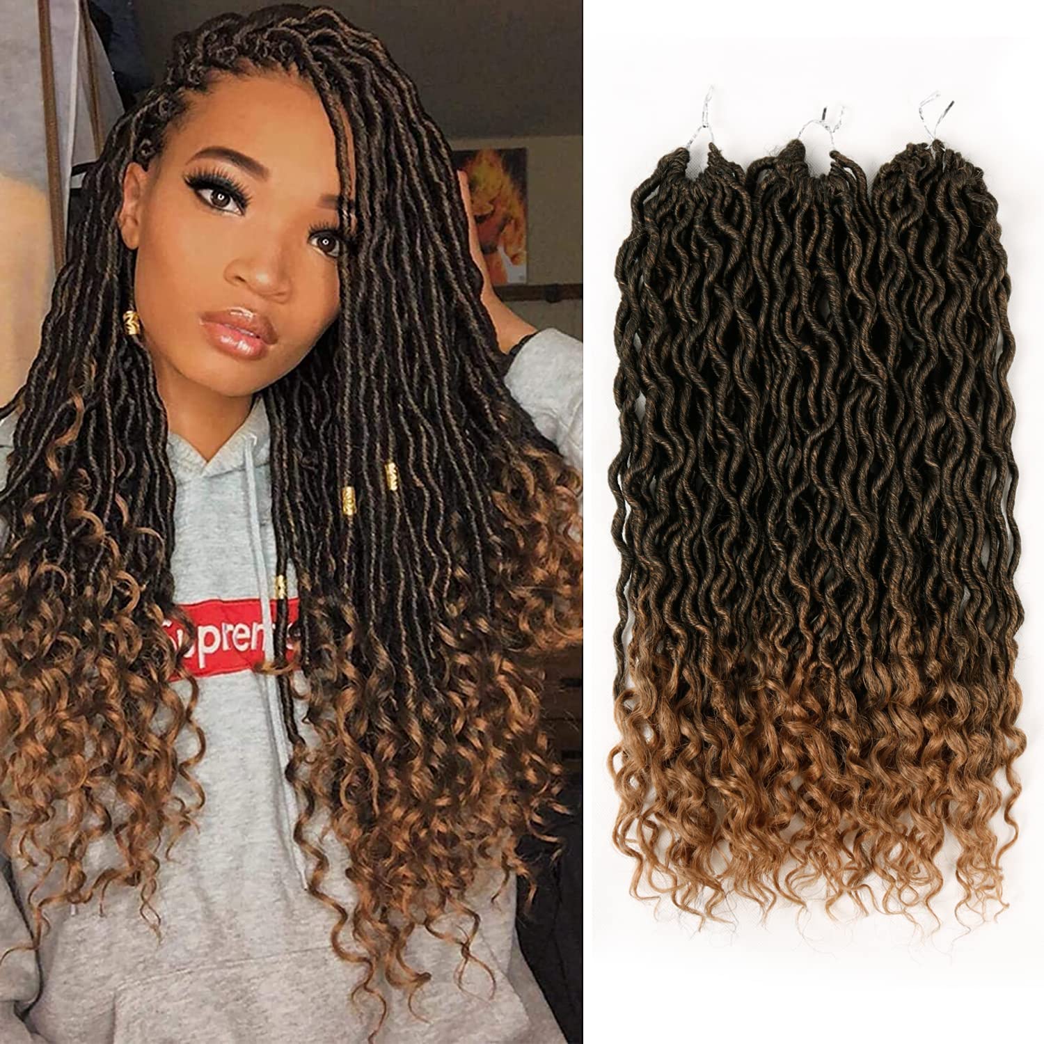 3 Packs Faux Locs Crochet Hair 20 Inch Goddess Locs Braids Crochet Hair with Curly Ends, Crochet Pre Looped Wavy Faux Locs Synthetic Braids Hair Extensions (20Inch, T1B-27#)