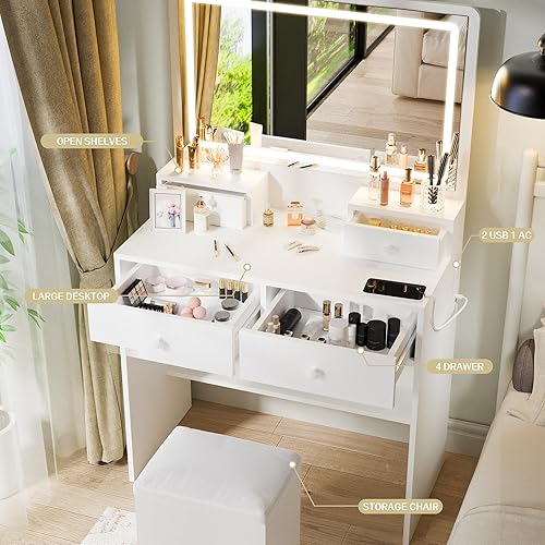 Miniatura 3 de Haewon - Escritorio de tocador con espejo y luces, tocador de maquillaje con estación de carga y 3 modos de luz, juego de mesa de tocador con 4