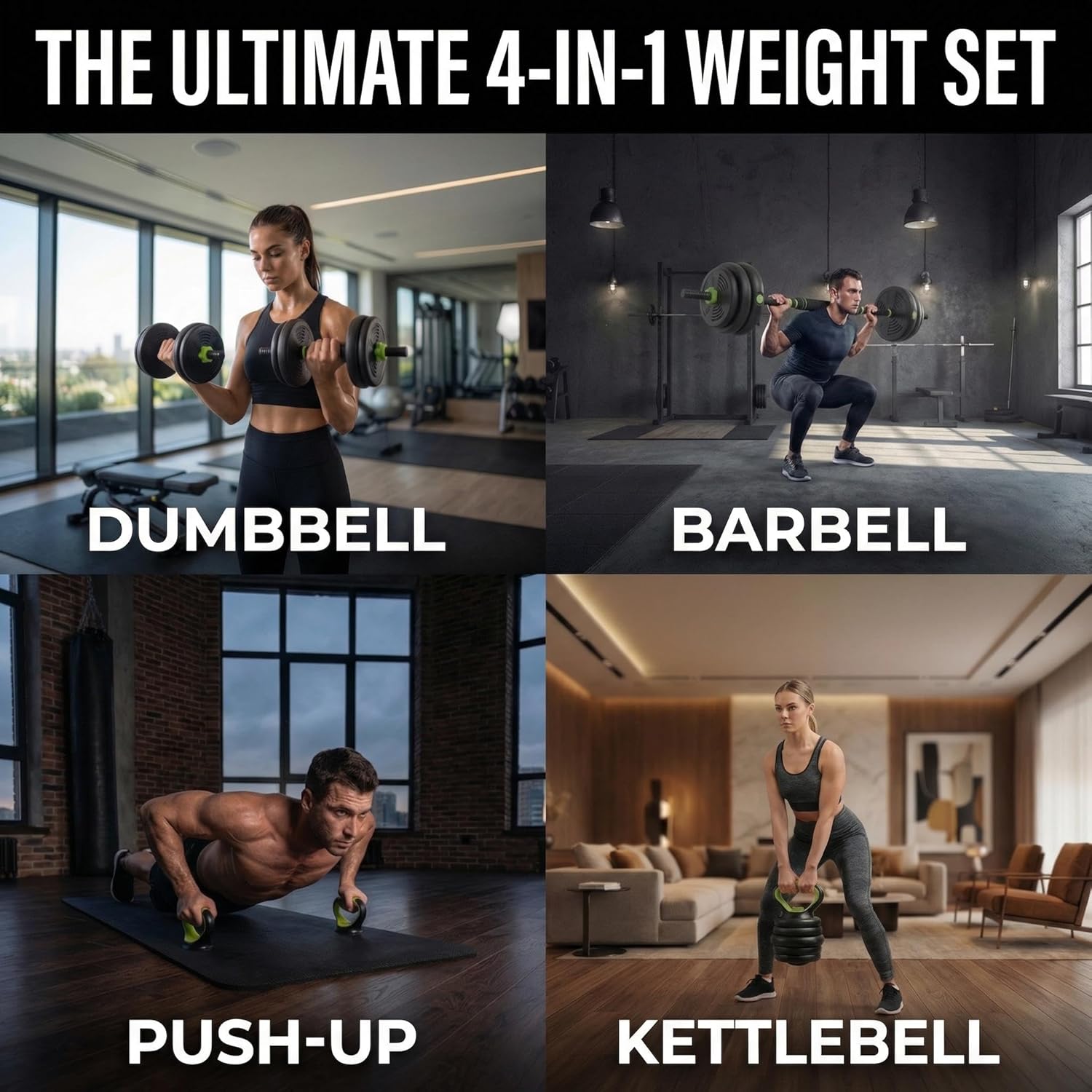 Adjustable Weight Set 44Lbs, 4-in-1 Dumbbell Set and Barbell Weight Set for Home Gym, Converts to Kettlebell & Push-Up Stand, Free Weights Dumbbells Set for Men & Women Full Body Workout