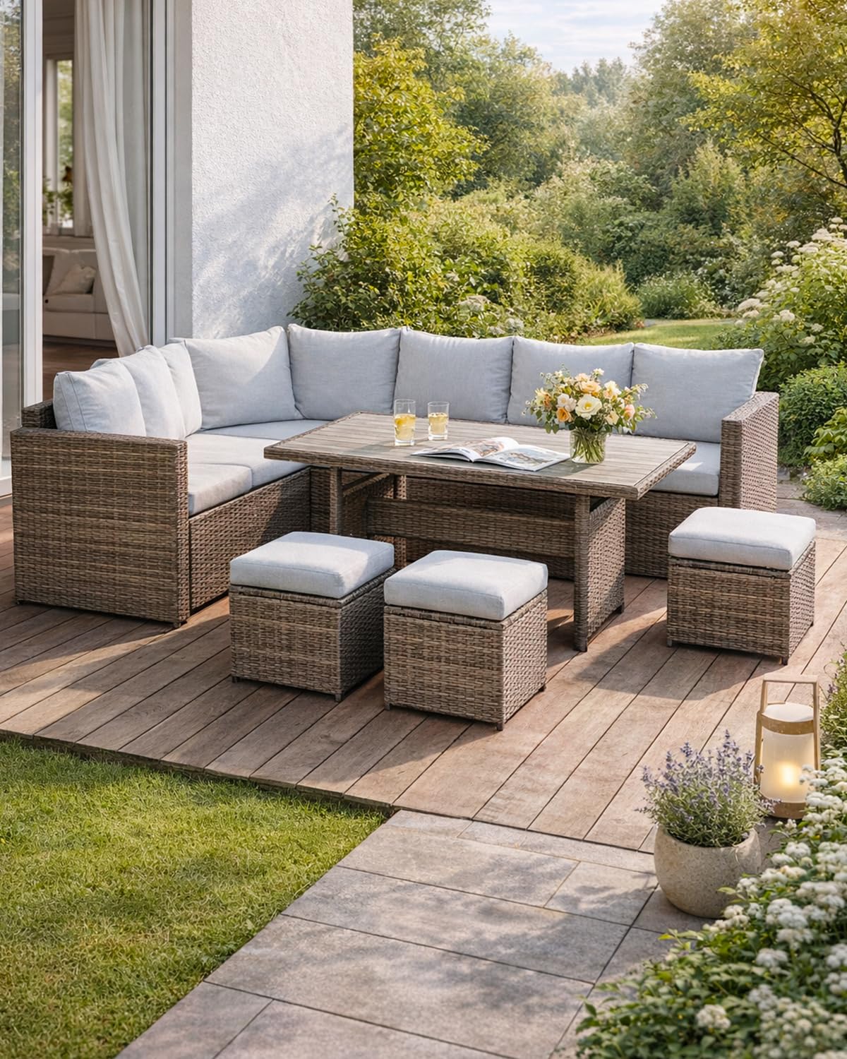 LANOX Polyrattan Gartenlounge Set 7-teilig für 8-10 Personen, Grau