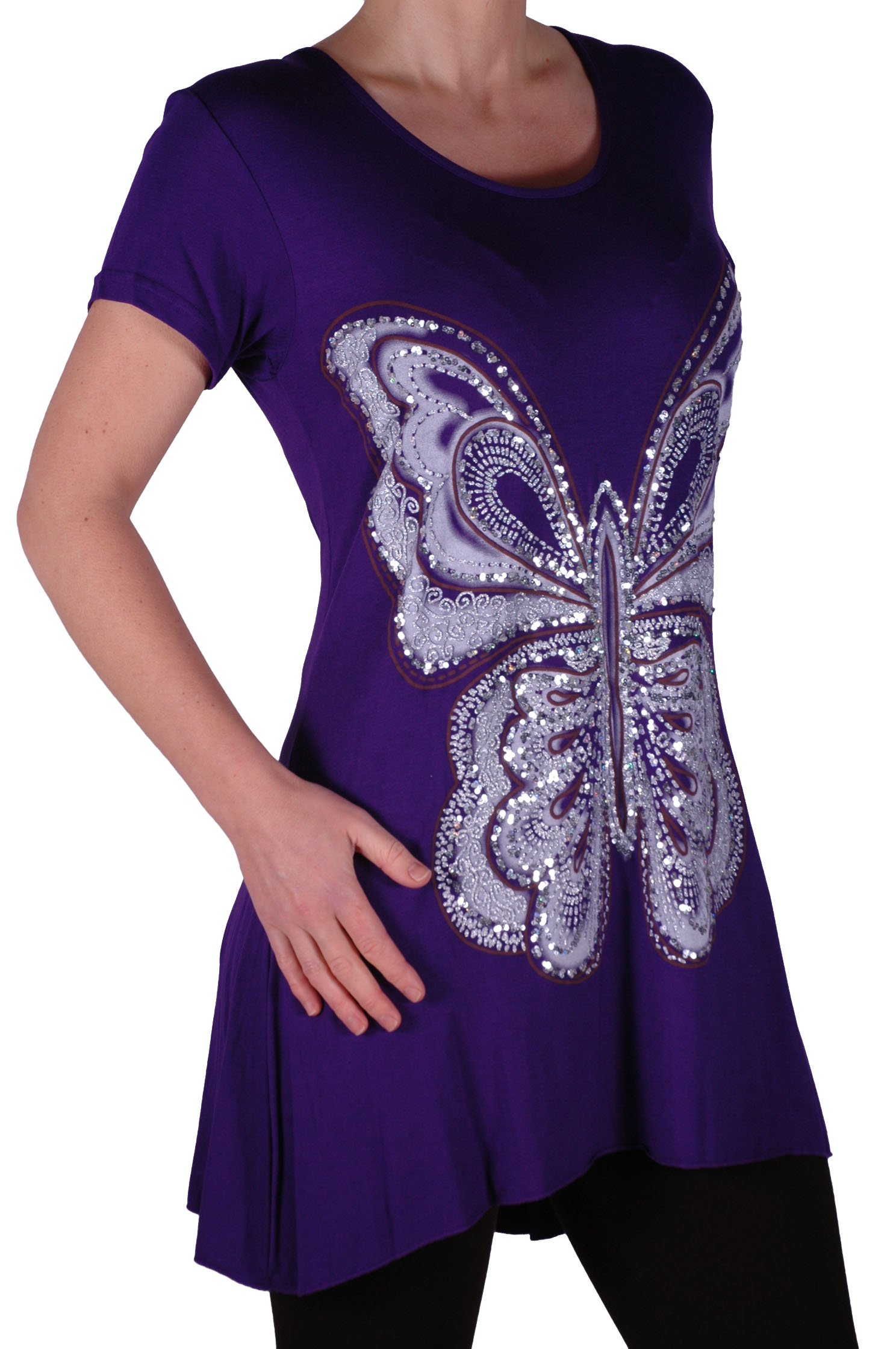 Eye Catch Plus - Butterfly Motif Long Womens Short Sleeve Loose Stretch Ladies Top Purple Size 18