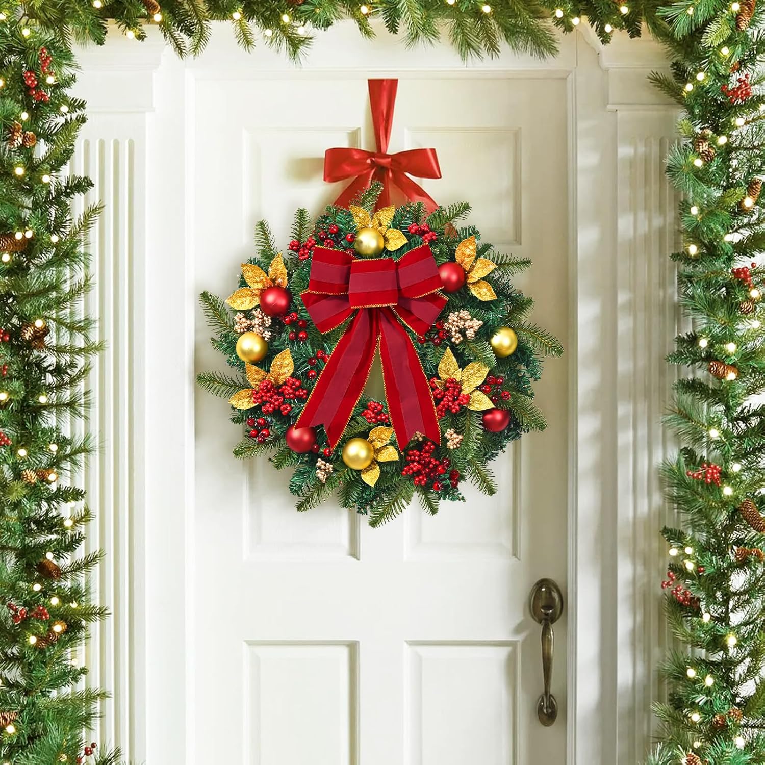 Yastouay 22" Christmas Wreaths for Front Door, Christmas Wreath with Lights Bow Christmas Ball Ornaments, Berries & Sparkling Leaves, Christmas Door Wreath for Home Wall Window Indoor Outdoor Decor - Image 7