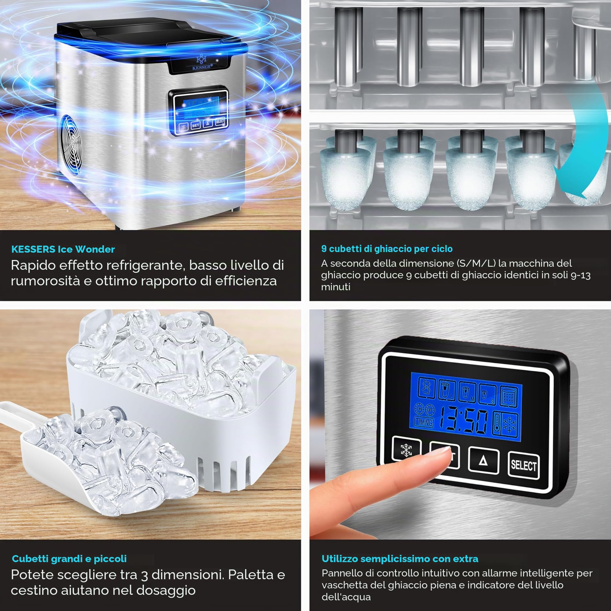 Macchina per il ghiaccio KESSER® in acciaio inossidabile | 150 W | 12 kg in 24 ore | Cubetti di ghiaccio in 3 dimensioni | Serbatoio dell'acqua da 2,2 litri