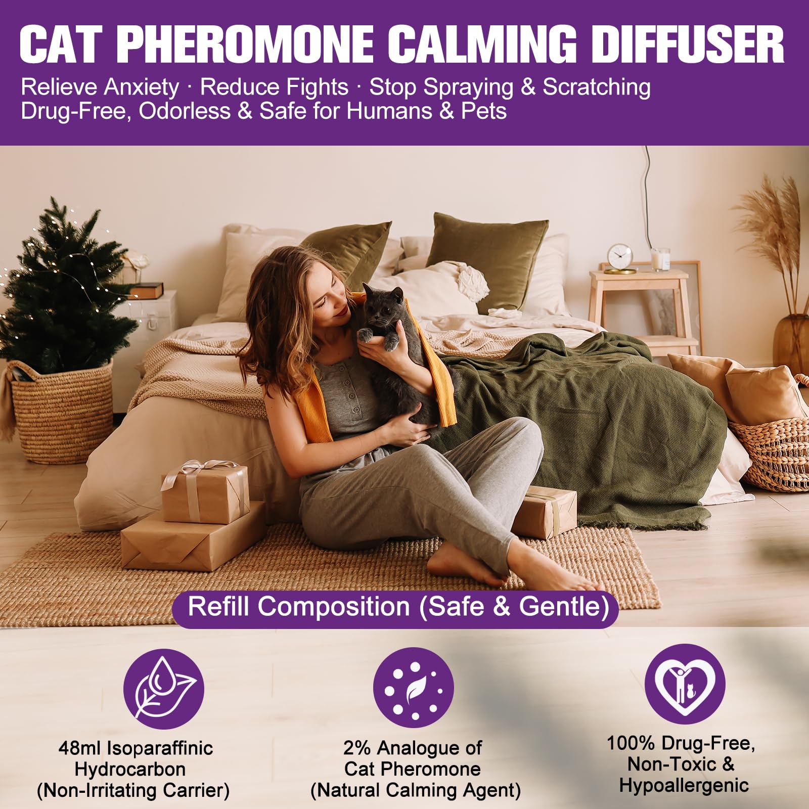 Difusor de Feromonas Calmantes para Gatos, 1 Difusor + 2 Recargas (48ml Cada una), 60 Días de Efecto Duradero, Sin Fármacos y Sin Olor, Alivia Ansiedad, Reduce Peleas, Detiene Orinar y Rascar (1)