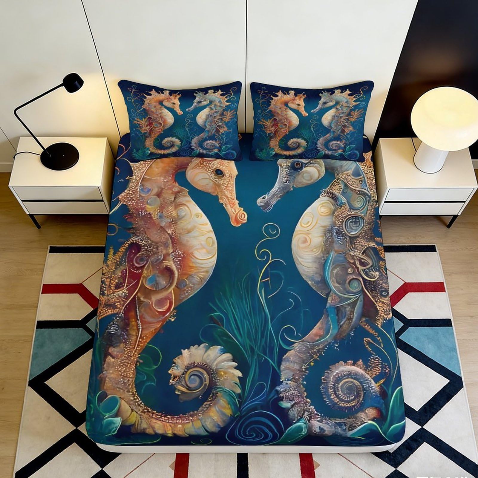 Jqzkxnhpbr Style-1 3D Printed Seahorse Ocean Fitted Sheet Microfiber Soft Breathable Underwater Bed Cover For Bedroom Guest Room Decor 90X200x25cm