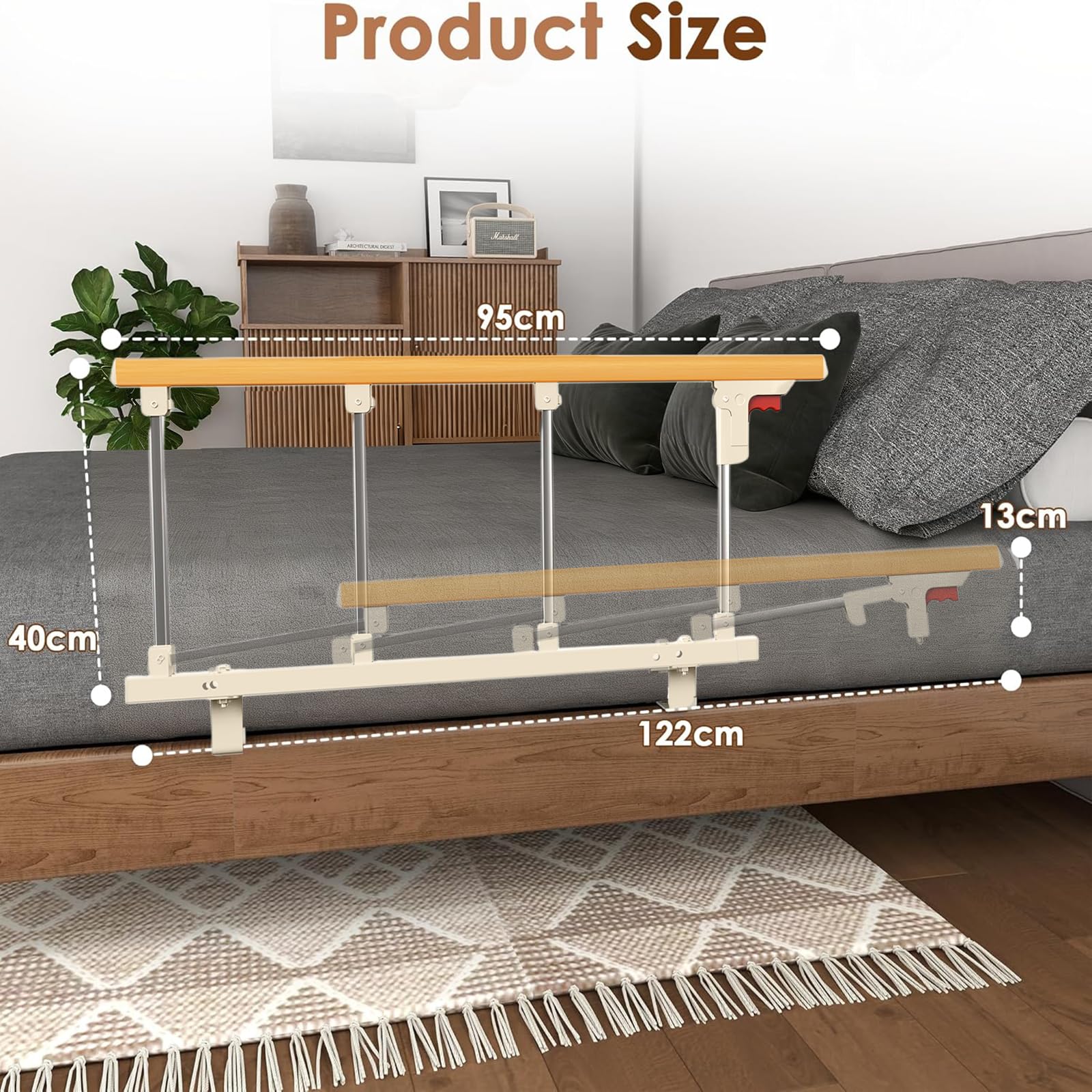 Sponda Letto con Barra in Legno, Regolabile, con Maniglie Antiscivolo, Include Attrezzi per Montaggio e Viti