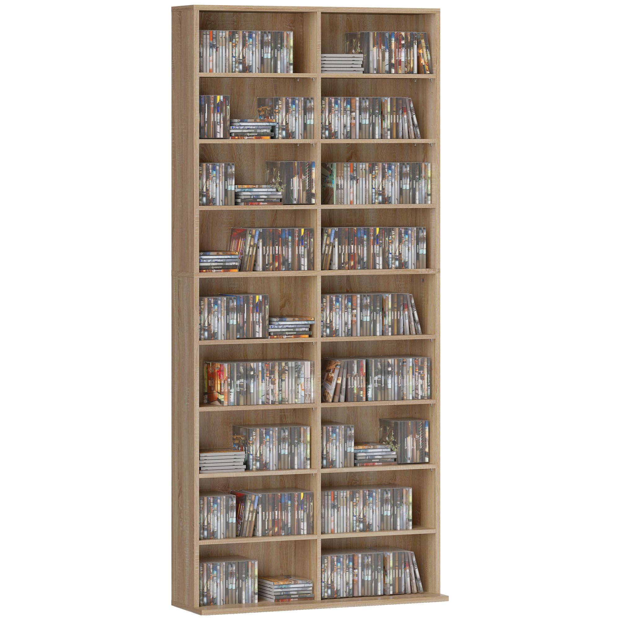 HOMCOM Estantería para CD, DVD y Blu-ray, capacidad para hasta 640 CD, 360 DVD o 430 Blu-rays, estantes ajustables, estantería para salón, 78,5 x 24 x 175 cm, madera natural