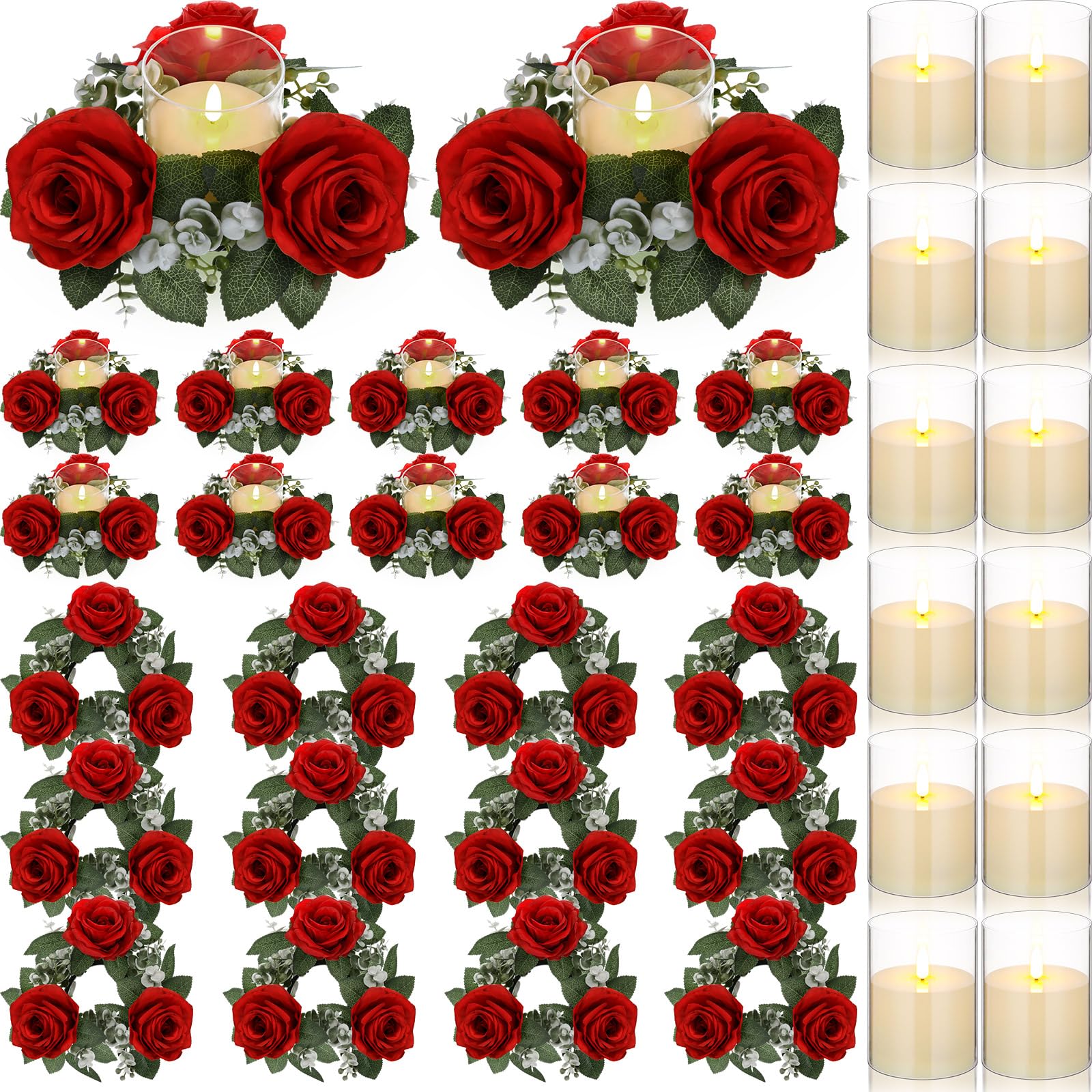 Photo 1 of Yunlly 12 Pcs Rose Candle Rings with Flameless Candles Sets, Artificial Flower Eucalyptus Wedding Centerpiece 3 Inch Pillar Candleholders Wreaths for Wedding Party Mother's Day (Red)