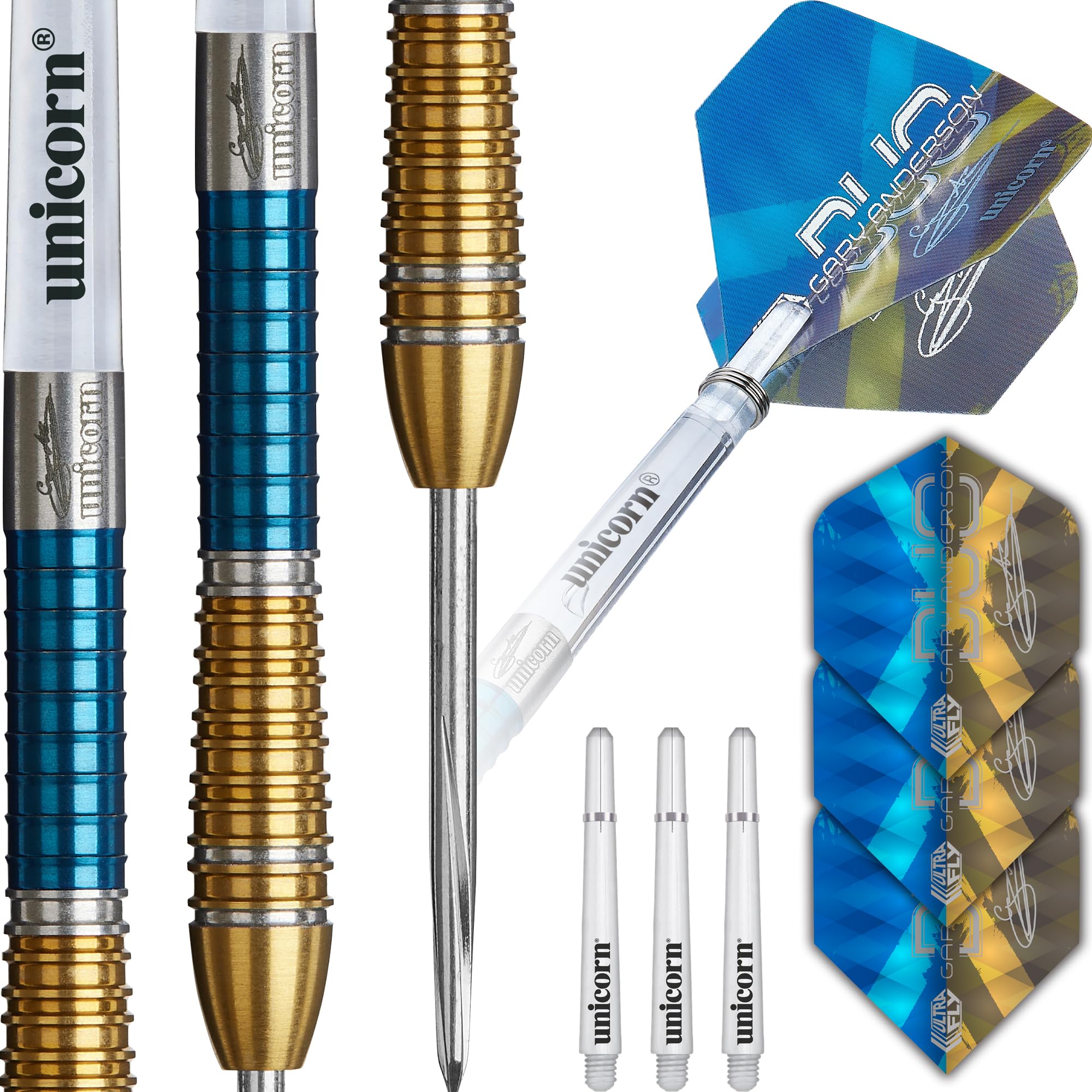 Unicorn Darts Set Duo Phase 6 | Gary 'The Flying Scotsman' Anderson | 90% Tungsten Barrels with Two-Tone Blue & Golden Titanium Coatings | Durable Ultrafly Flights | Steel Tip Volute Points 25 g