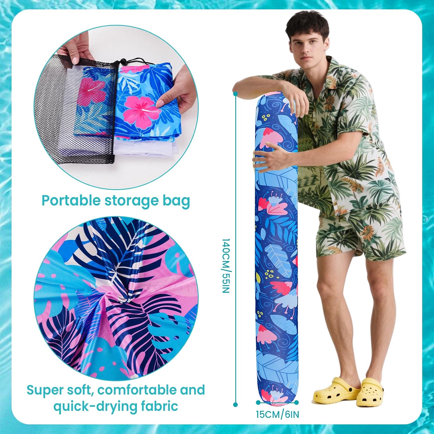 Inflatable Swimming Pool Noodle, 2 Pack Soft Fabric Quick Drying Covered Large Pool Floats Noodles, Premium Buoyancy Swim PoolFloats with Portable Storage Bag for Pool Party Toy image 5
