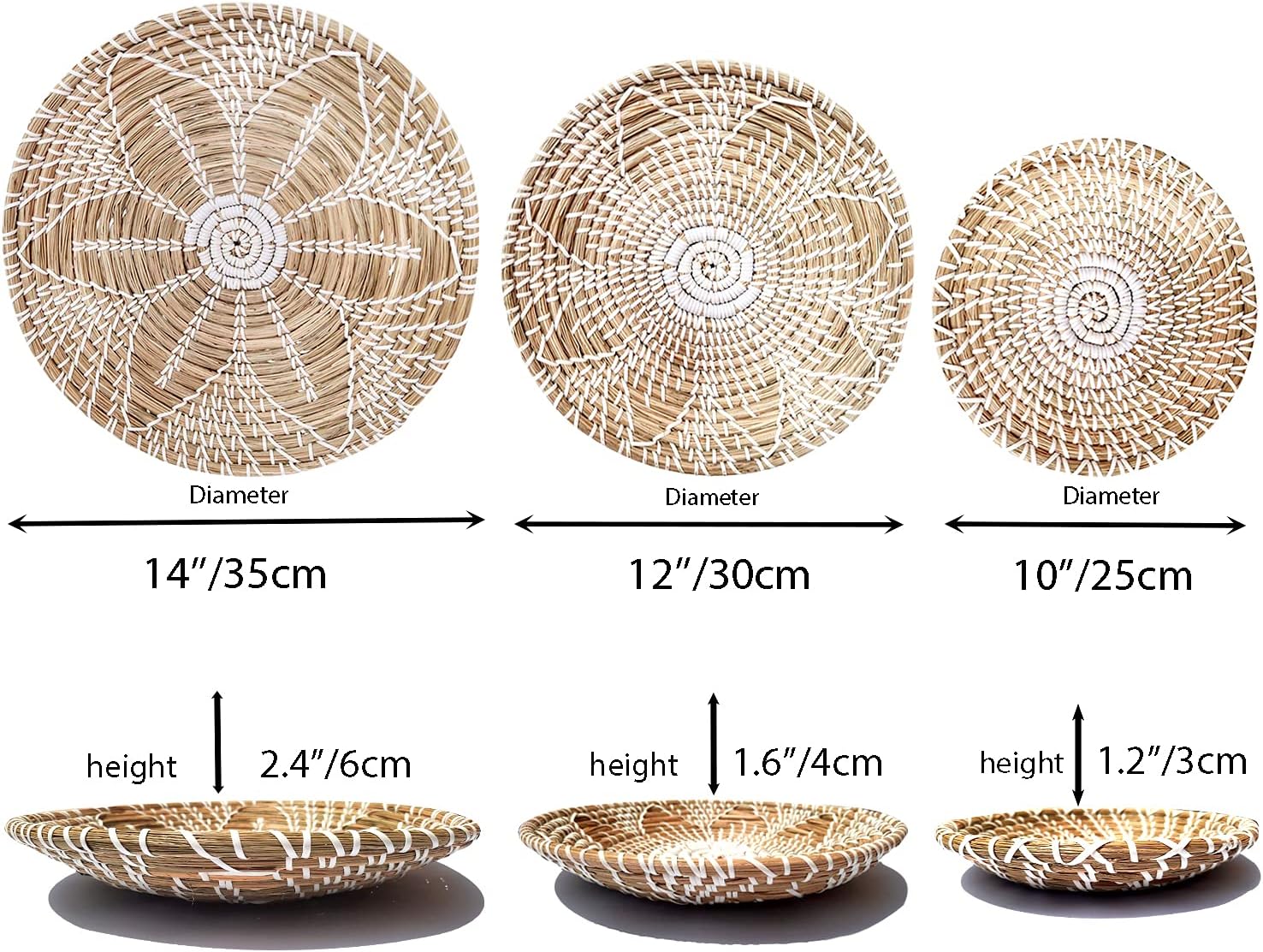 Hanging Woven Wall Basket Decor Set of 3 | Seagrass Baskets Wall Decor | Perfect For Natural Boho Home Decor | Handmade Decorative Baskets with a hook on the Back | Unique Wall Art