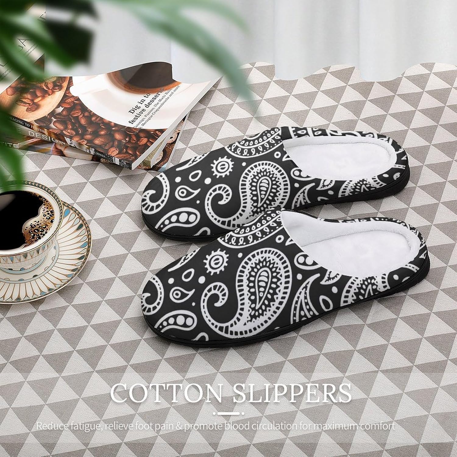 Black White Bandana Paisley Women's House Slippers Memory Foam Warm Shoes Spa Rubber Sole Indoor Outdoor