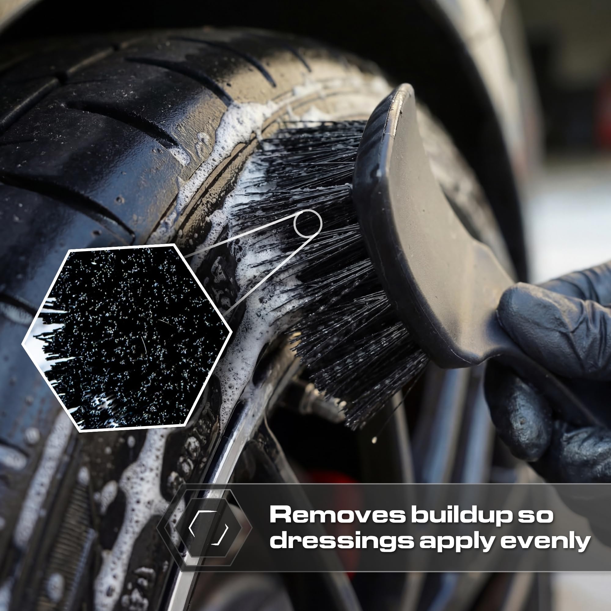 Blackline Cepillo de neumáticos de cerdas rígidas, herramienta de detalles de coche resistente para neumáticos, cepillo de limpieza profunda de alto rendimiento, ideal para eliminar suciedad y