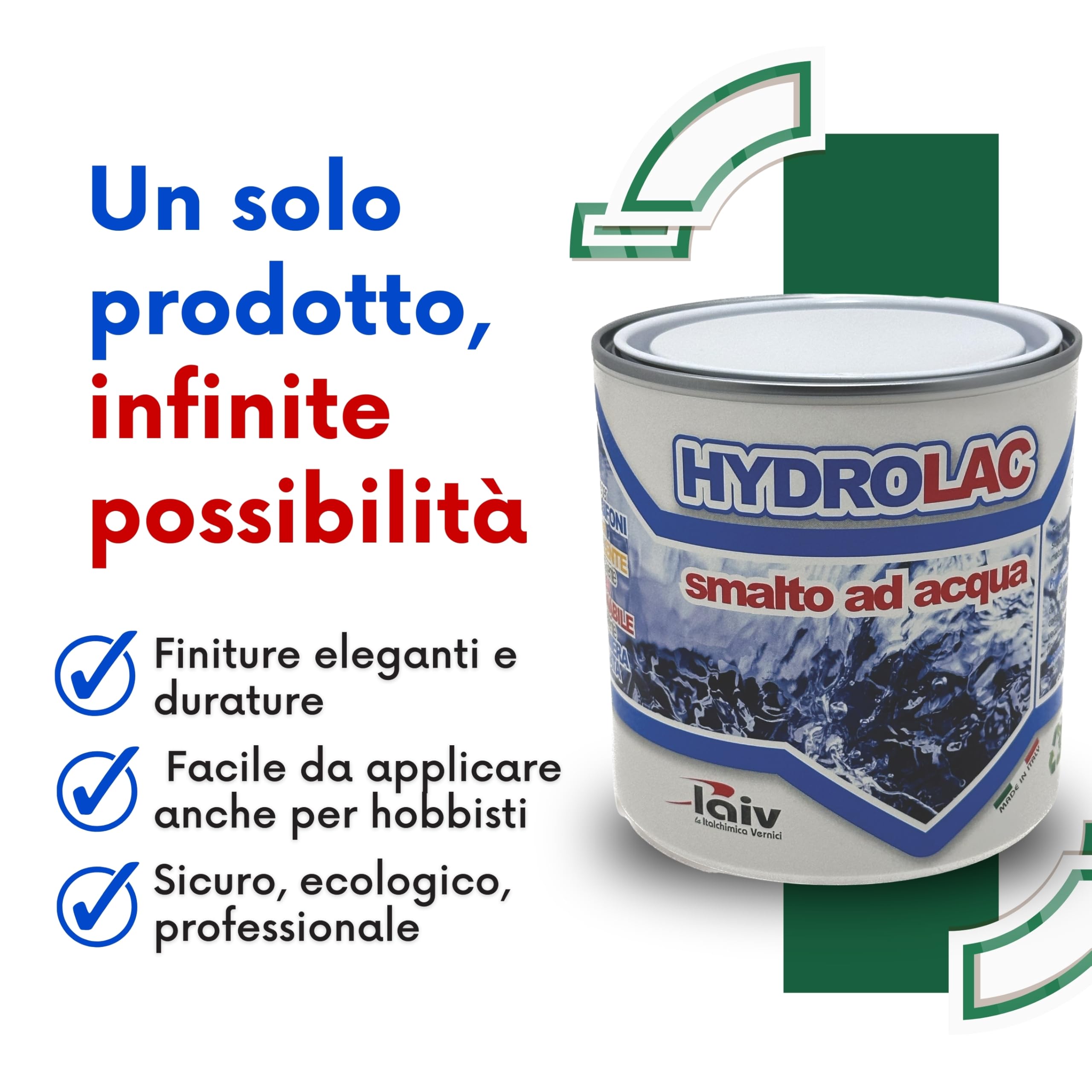 laiv HYDROLAC Smalto Acrilico ad Acqua per Interni ed Esterni – Inodore, Rapida Essiccazione, Non Infiammabile – Uso Professionale Ecologico (Verde Muschio 023, 2,5 Litri)
