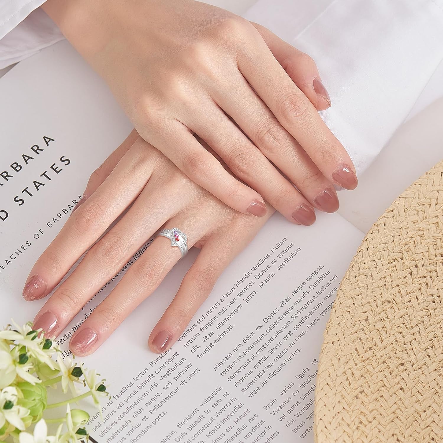 925 Sterling Silver Personalized Mothers Ring with 1-6 Birthstones Names Custom Heart Promise Ring Family Birthstone Rings for Women Mother's Day Jewelry Gift for Mom Grandma