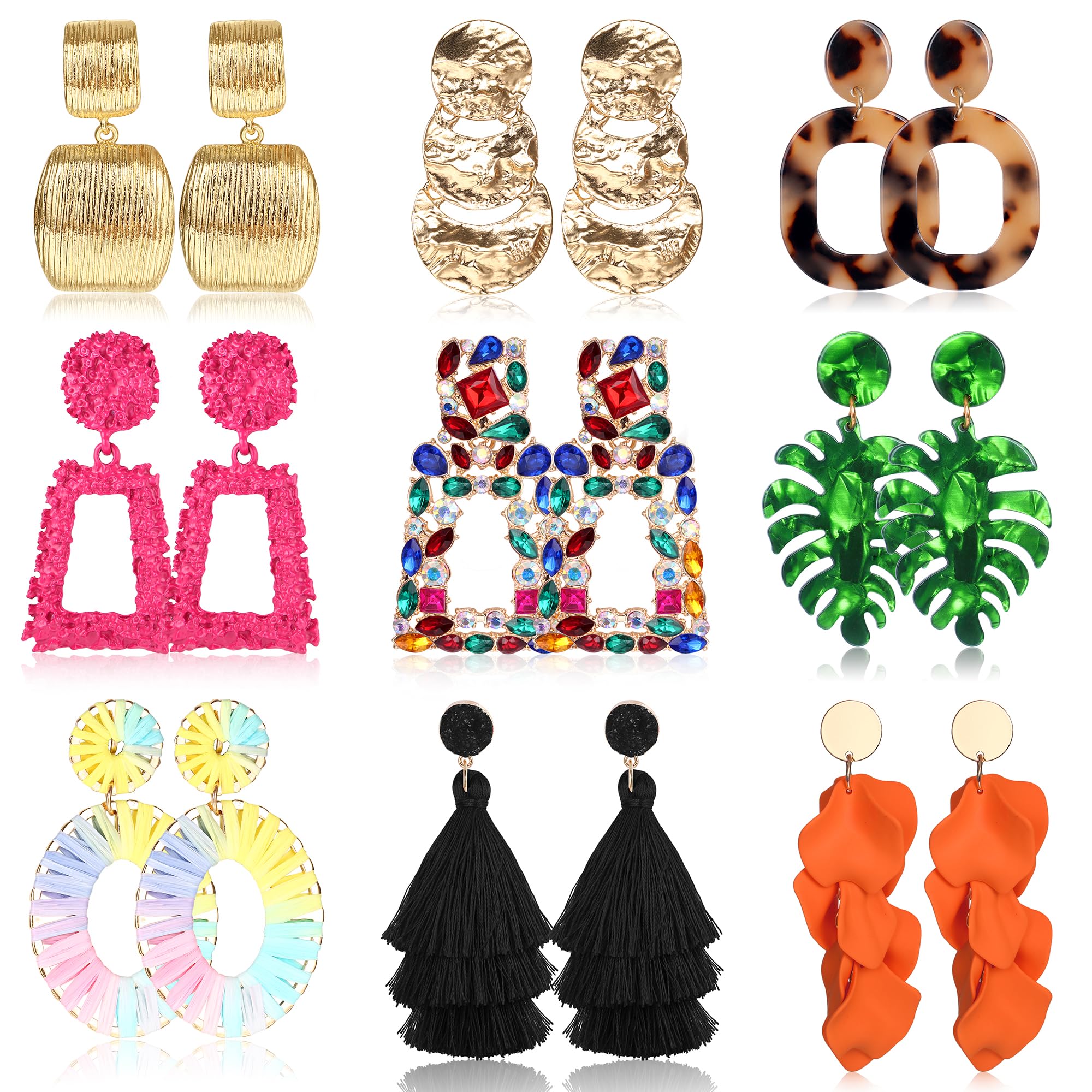 9 Pairs Clip on Earrings for Women Fashion Rattan Acrylic Tassel Drop Dangle Earrings Set Lightweight Geometric Statement Bohemian Clip Earrings for Non Piercied