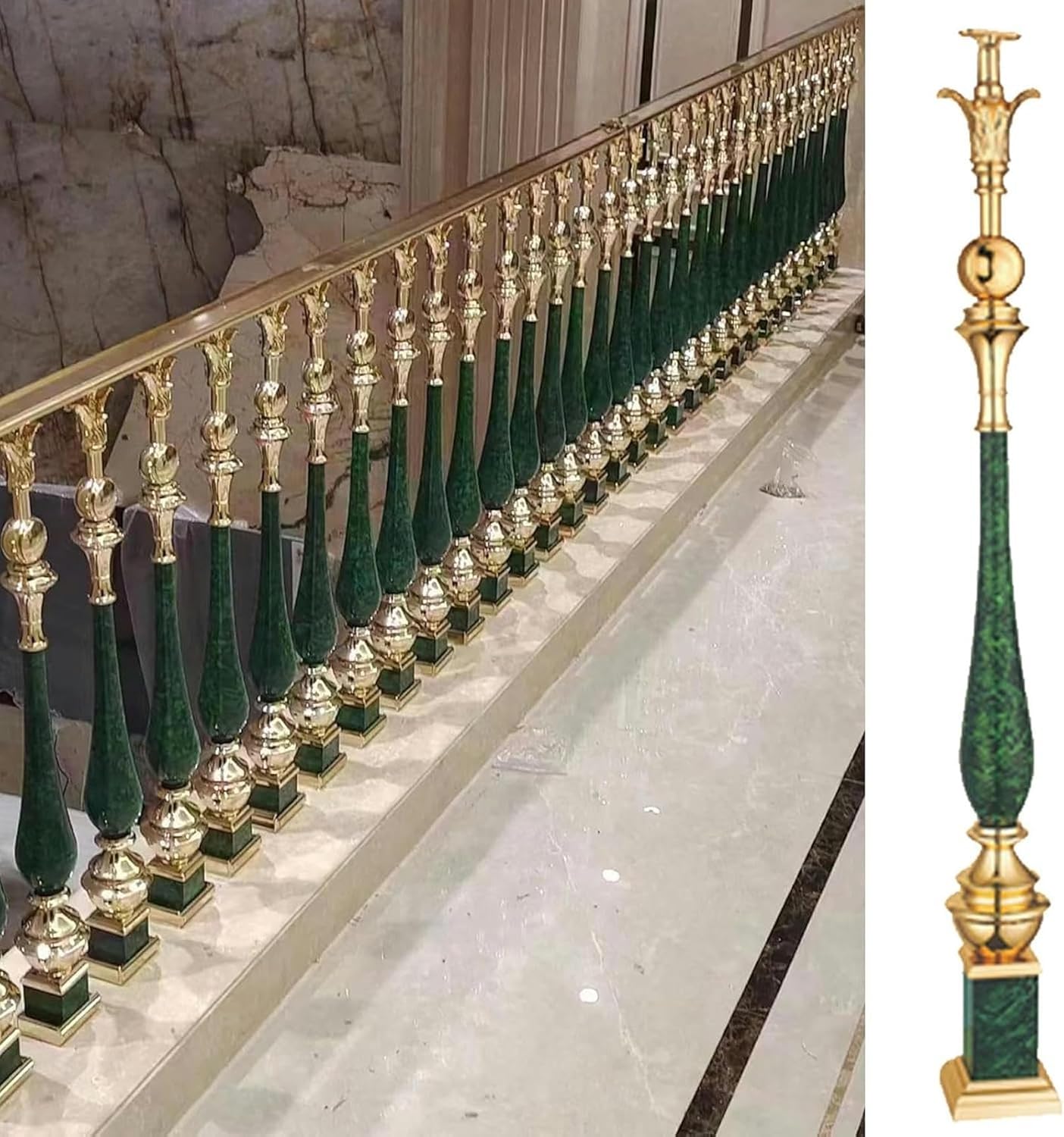 Stair Balusters Villa Railing Handrail Column Green and Gold, 85cm/90cm/95cm High Metal Spindles for Indoor Staircase, Elegant Stair Baluster Replacement