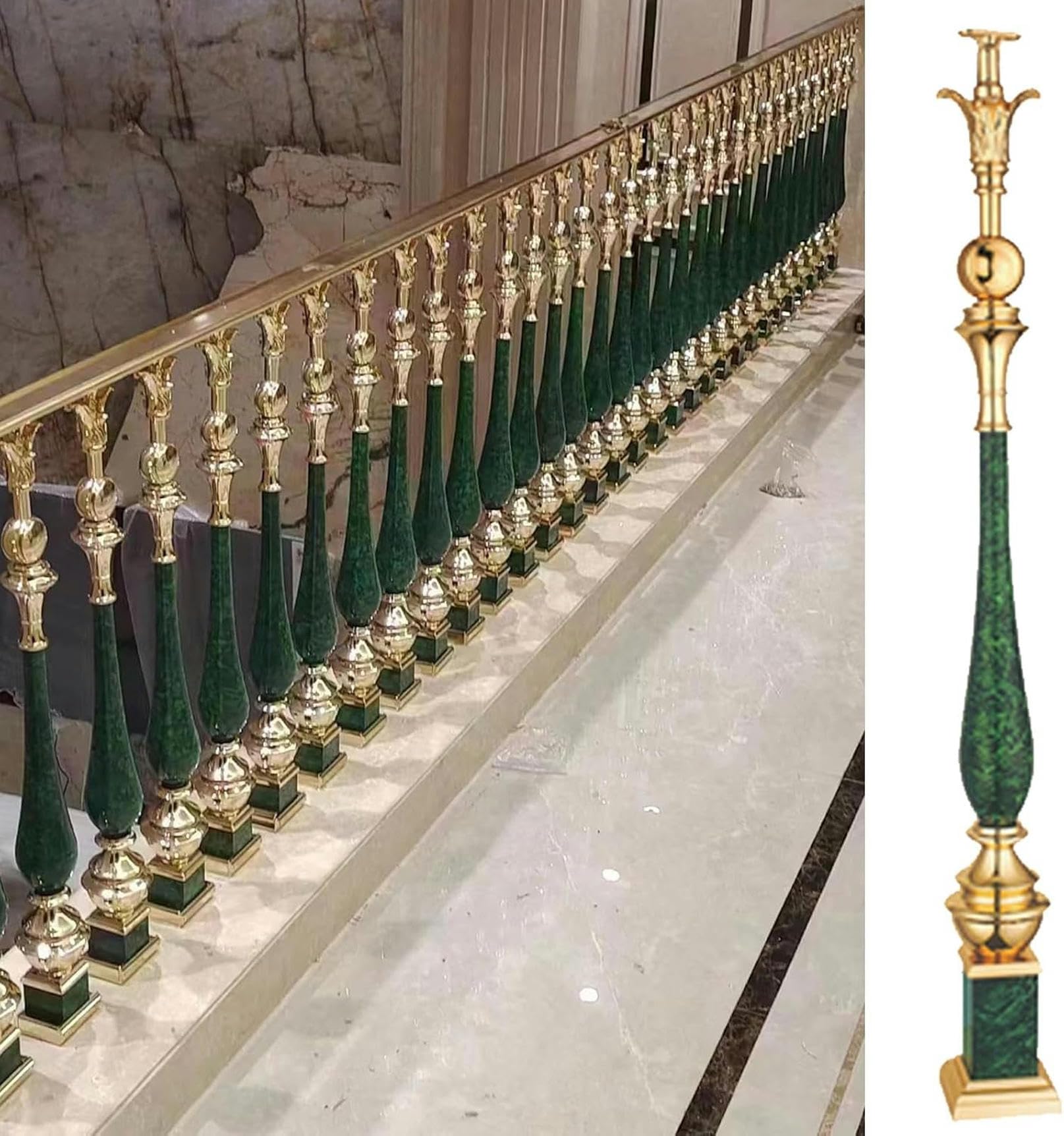 Rampe main courante colonne vert et or pour escalier intérieur chic