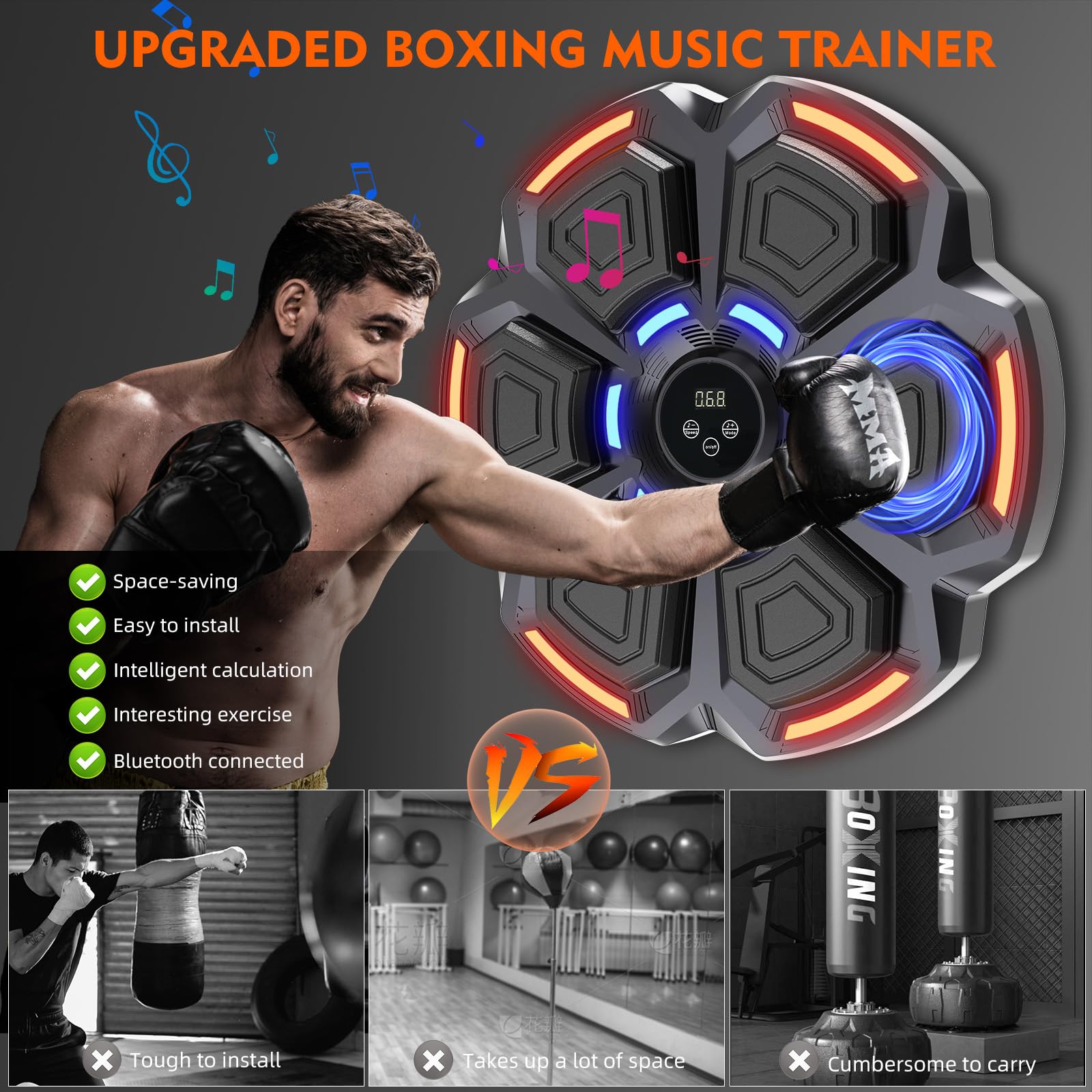 snawowo Music Boxing Machine Adulto - 9 Modos de 9 Velocidad Boxeo Musical con Guantes - Boxeador de Pared Musical con Bluetooth y Recuento Inteligent