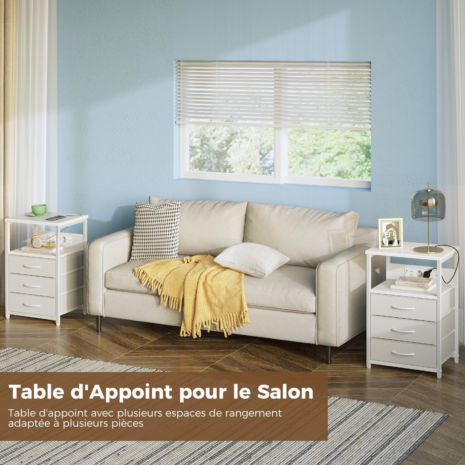 Rolanstar Chevet avec Chargeur, LED Intégrée, 2 Tiroirs en Tissu et 3 Niveaux de Rangement, Table de Nuit Moderne pour Chambre à Coucher, Blanc