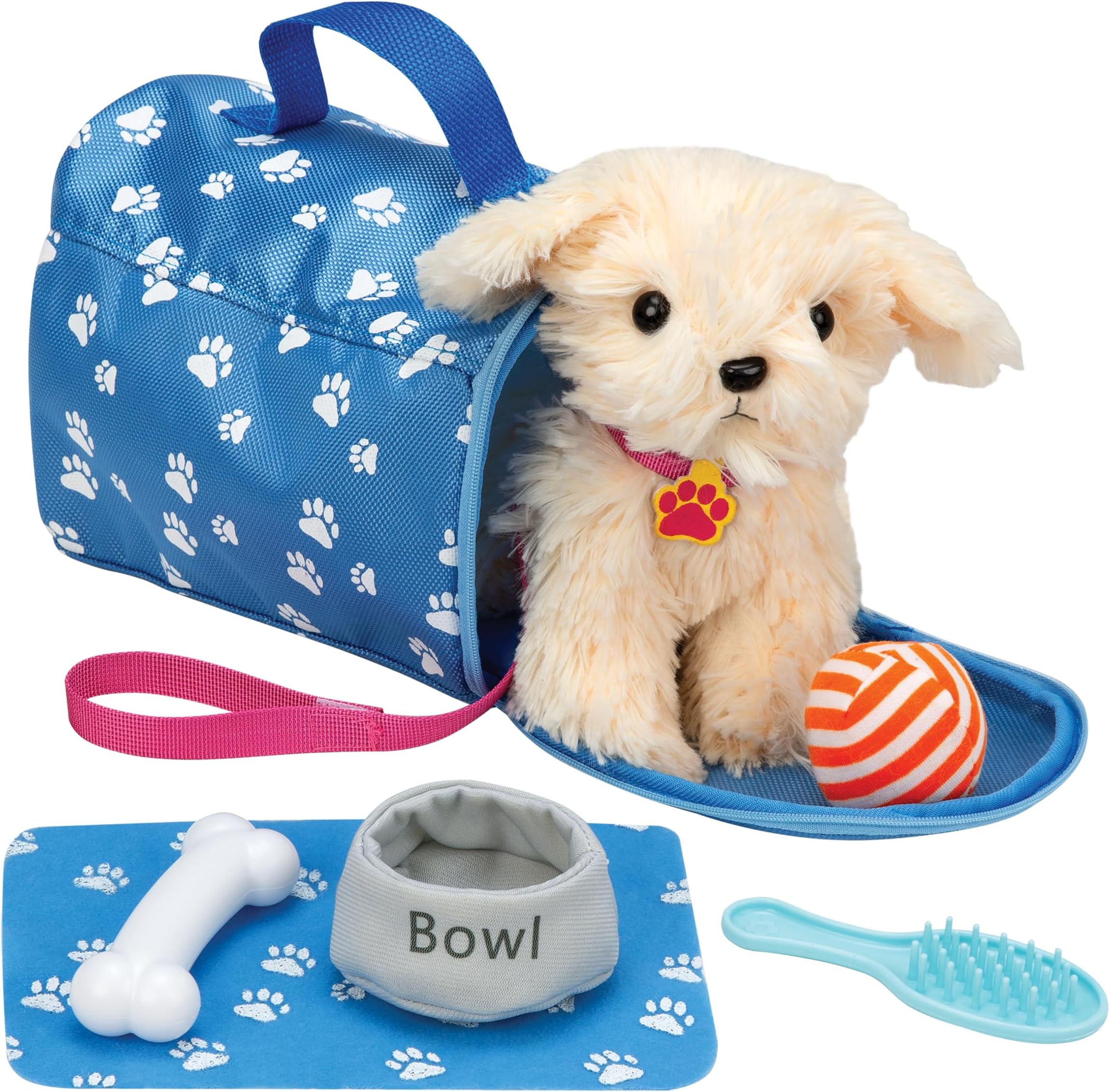 BundalooPlush Puppy Dog Playset and Carrier for Toddlers - Accessories Includes Leash, Food Bowl, Brush, Toy Ball, Toy Bone, Bed, and Blanket for 18" Dolls