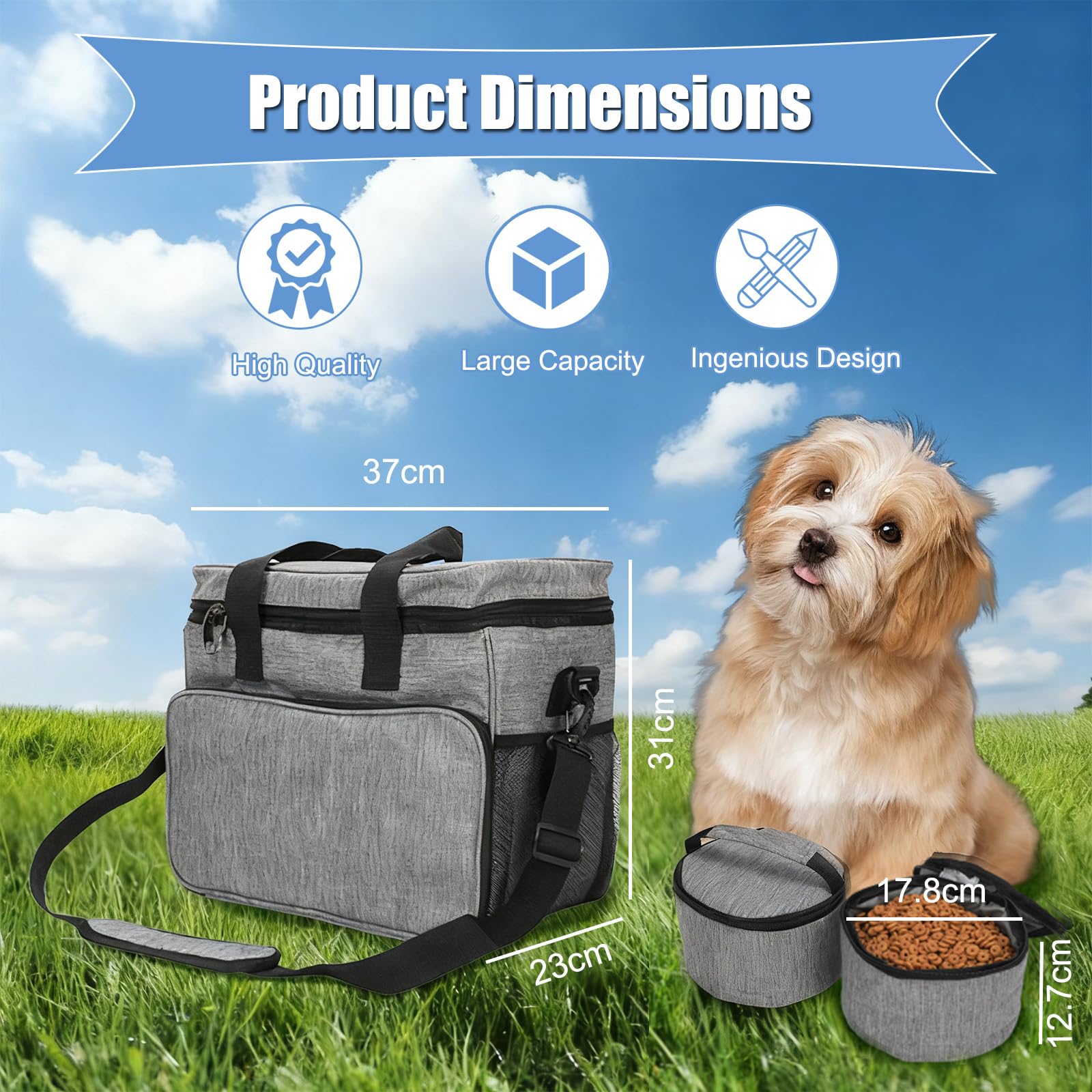 Sac de Voyage pour Chien Grand Sac de Voyage pour Chien - Organisateur de Fournitures pour Animaux avec 2 Récipients de Nourriture et 2 Gamelles Pliables pour Chiens et Chats Grand Sac