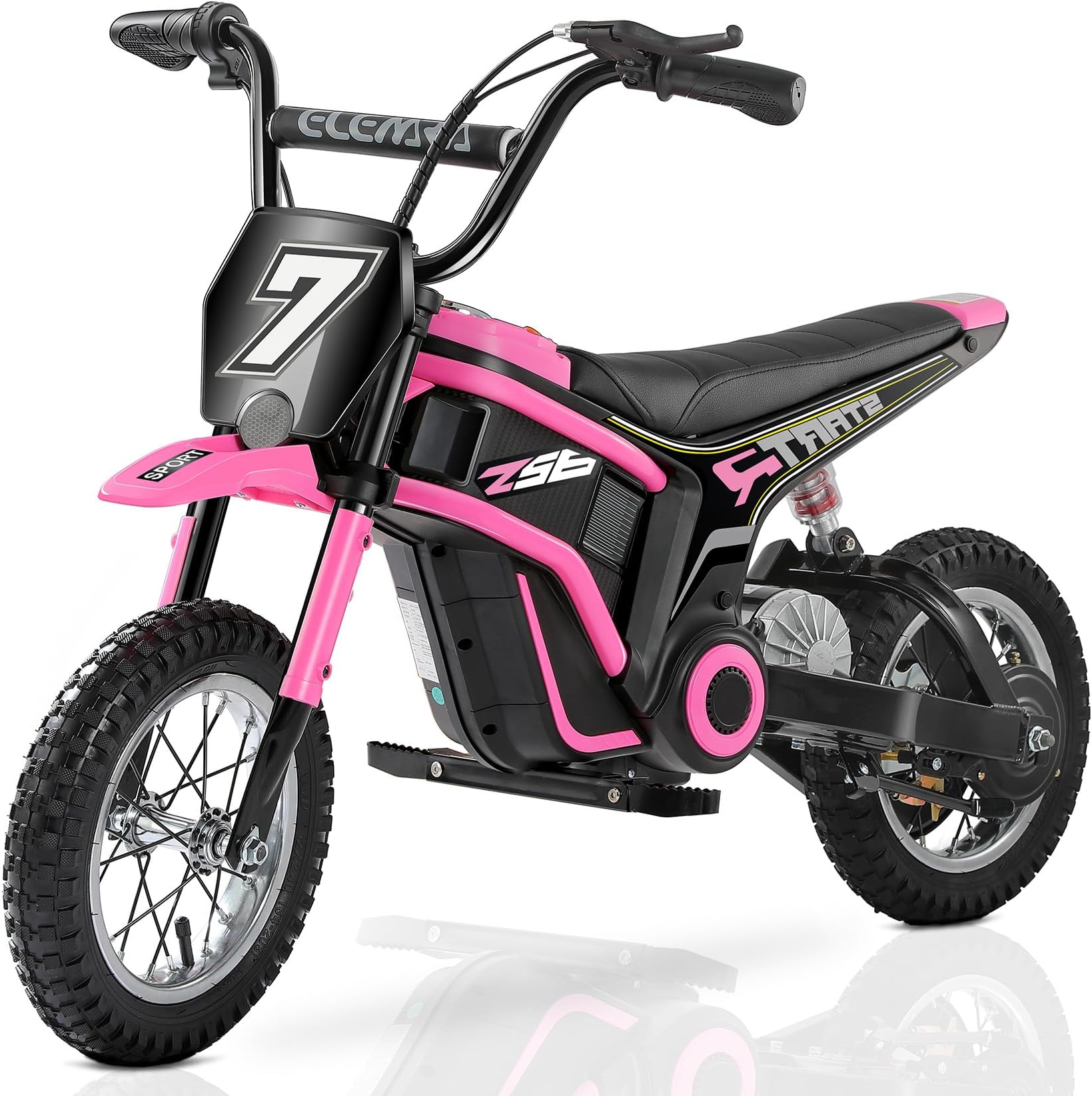 ELEMARA Electric Motorcycle for Kids, Dirt Bike Electric with Music & Bluetooth,350W Chain-Driven Motor,15.5 mph & 150lb Max,Twist-Grip Throttle & Hand-Operated Rear Brake,12" Air-Filled Tires-Pink