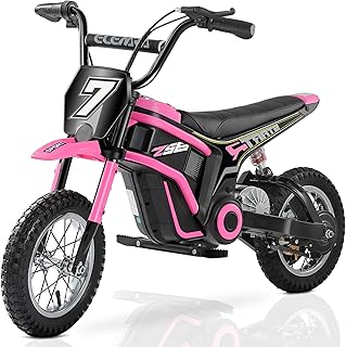 ELEMARA Electric Motorcycle for Kids, Dirt Bike Electric with Music & Bluetooth,350W Chain-Driven Motor,15.5 mph & 150lb Max,Twist-Grip Throttle & Hand-Operated Rear Brake,12" Air-Filled Tires-Pink