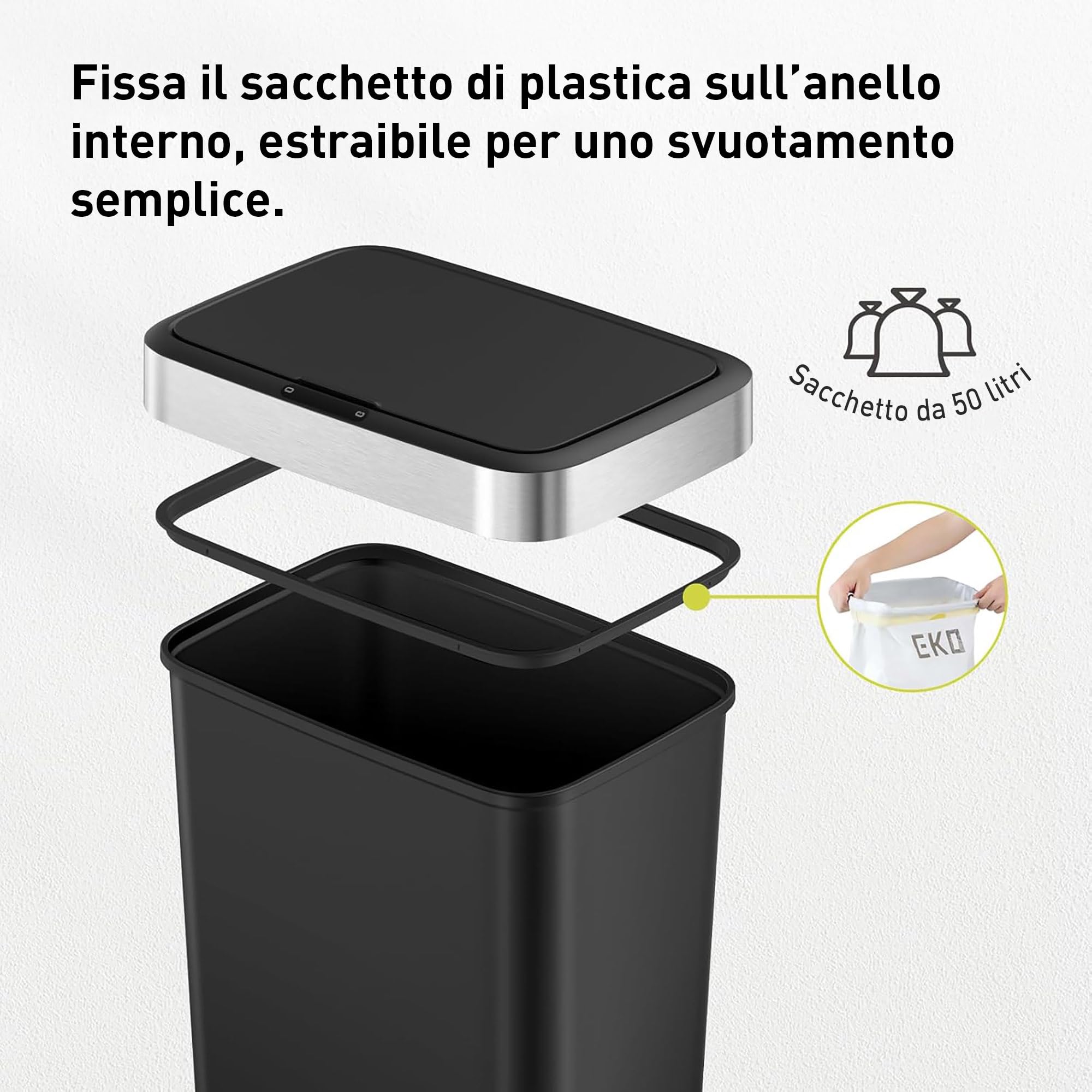EKO Pattumiera da Cucina 50 Litri con sensore Automatico e Chiusura Morbida | Pattumiera Nera a Batteria | Finitura Anti-Traccia, Base Antiscivolo e Supporto per Borsa | Design Moderno e Silenzioso