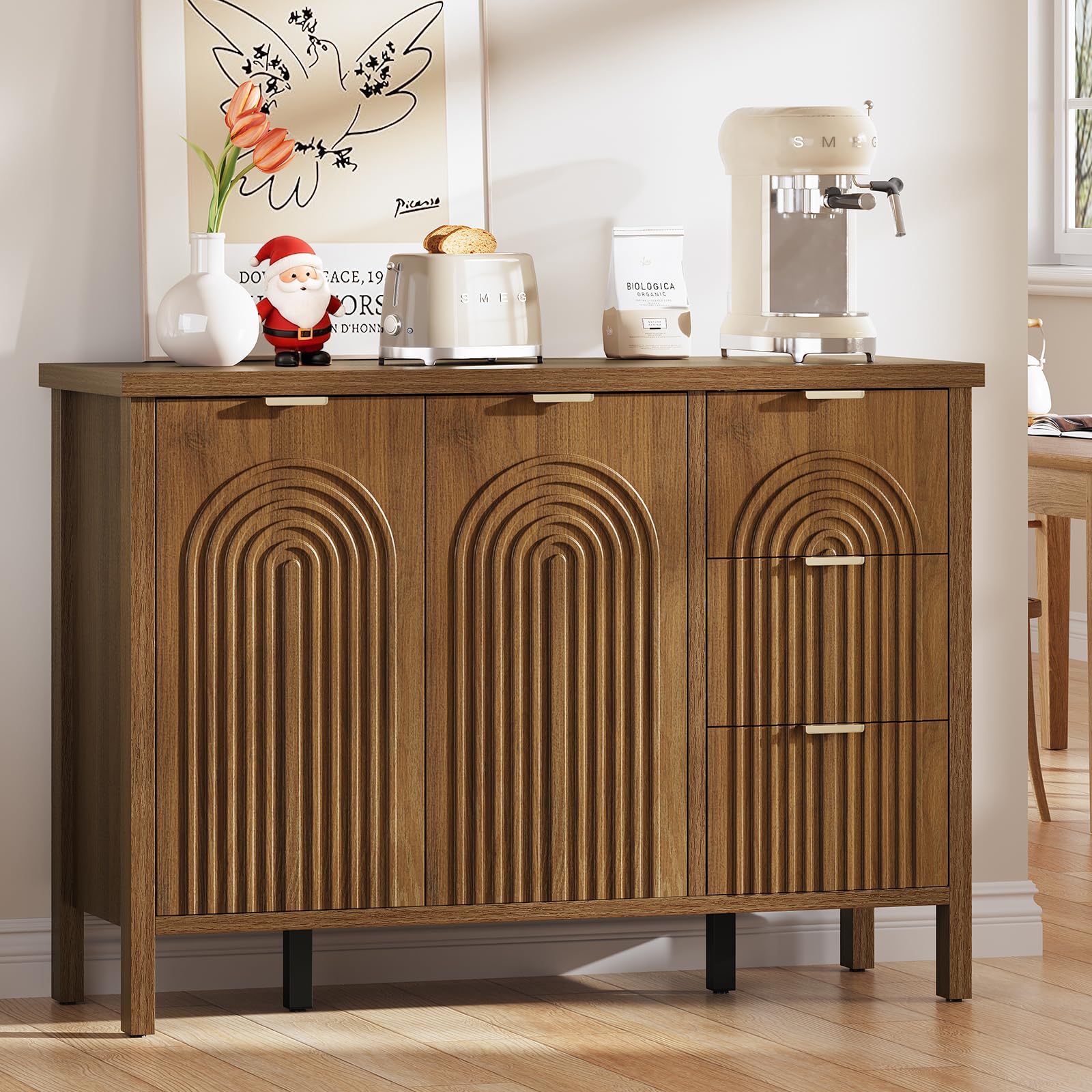 sideboard buffet cabinet with storage - accent coffee bar cabinets with drawers & doors, fluted kitchen credenza with adjustable shelf, wood console side board for living room entryway, walnut