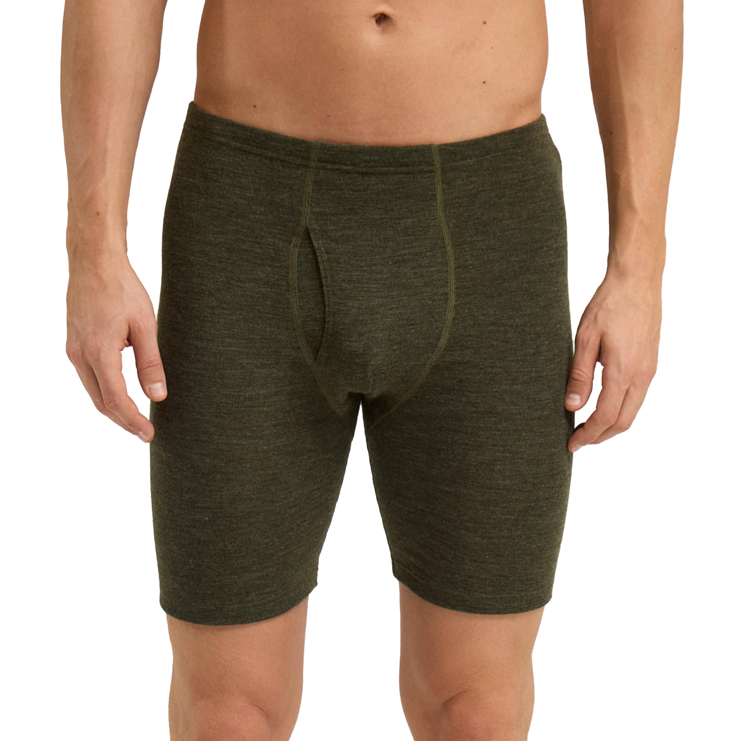 Dilling Men's Dark Green Melange Boxer Shorts With Fly - Organic Merino Wool L