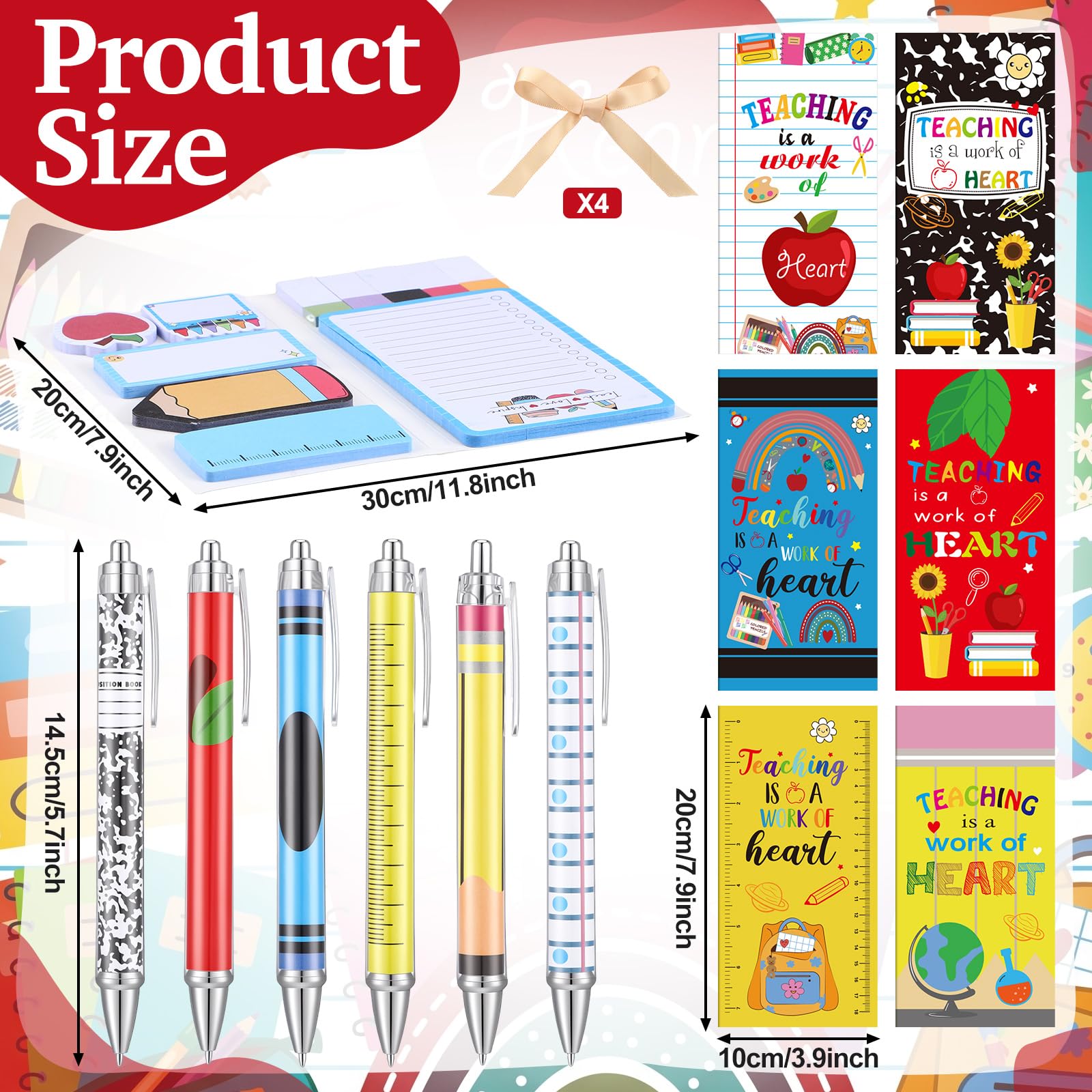 Epakh Set di 6 note adesive per insegnanti, per il rientro a scuola, con penna e fiocco, composizione a forma di mela, a forma di matita, note autoadesive per il primo giorno di scuola