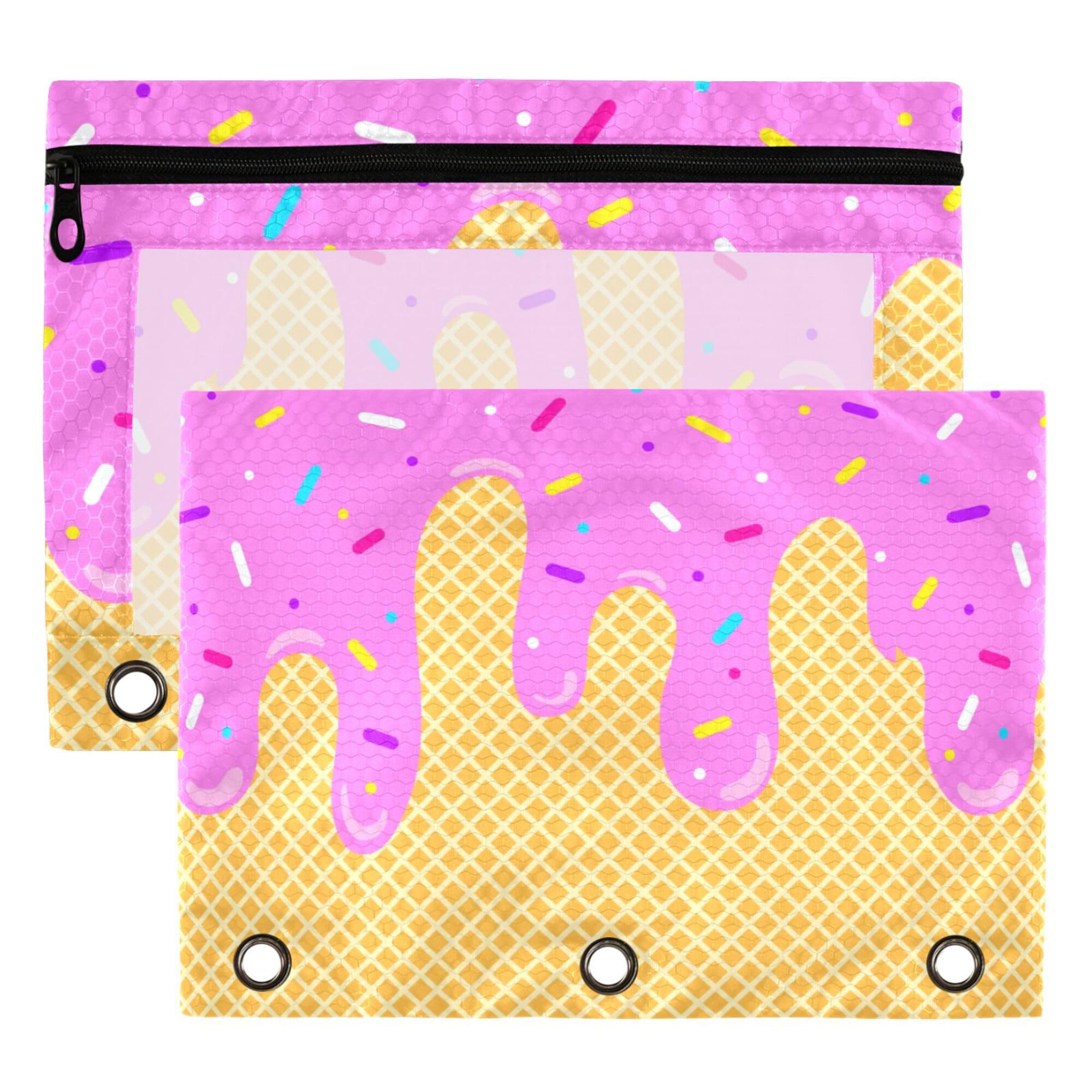 Ice Cream Pink Purple Binder Pouches 3 Ring for Boys Girls School Office College Supplies Waffle Cone Candy Pencil Pouches Case Bag with Clear Window