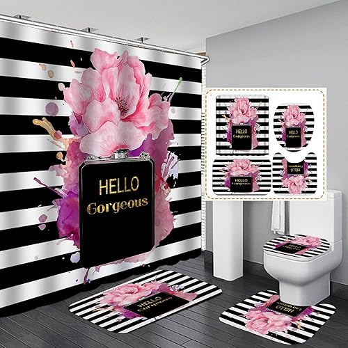 Juego de 4 cortinas de ducha con purpurina dorada, diseño de acuarela rosa, floral, negro y blanco, a rayas, perfume, maquillaje, moderno,