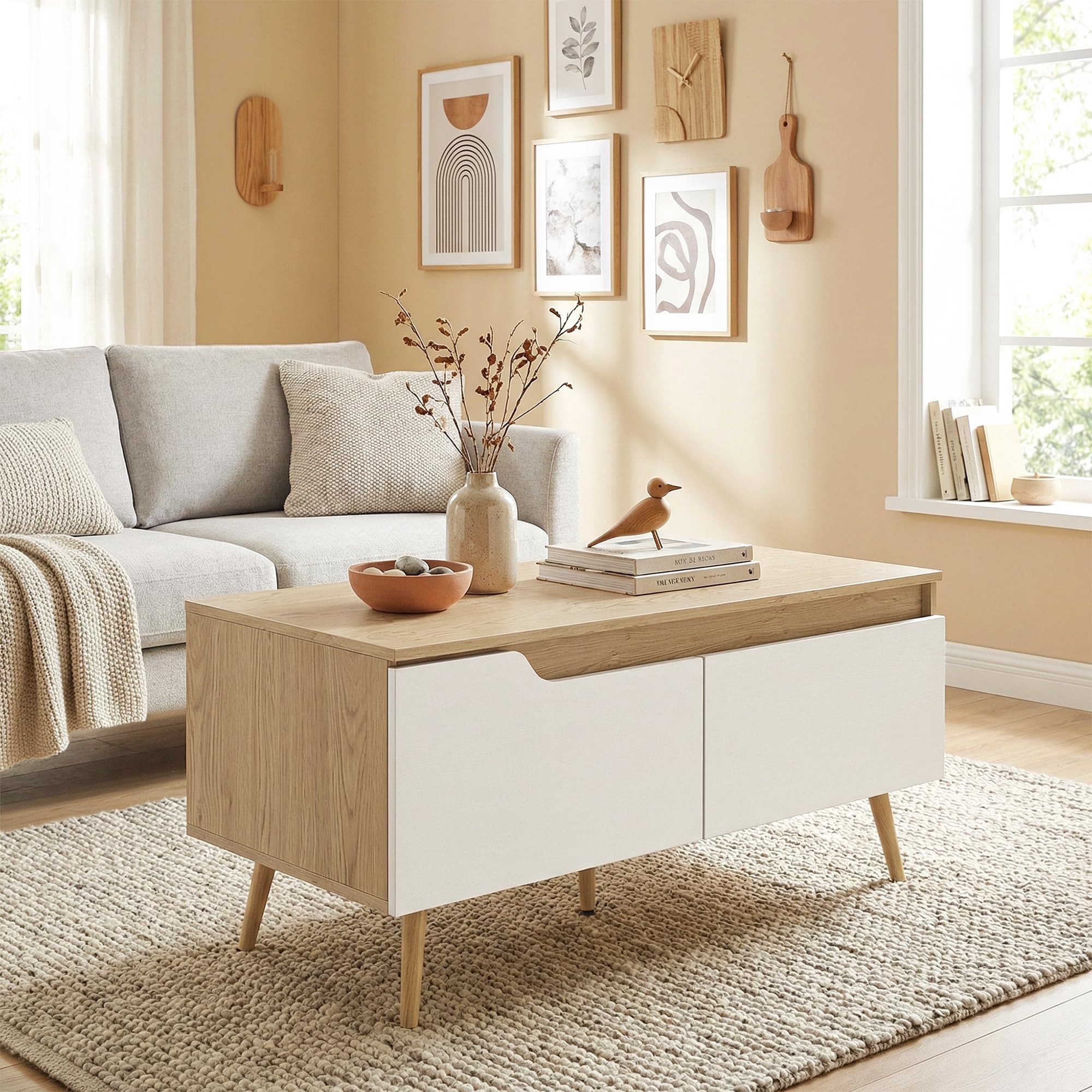 HOMCOM Mesa de Centro, Mesita Moderna con 2 Cajones 100x50x46cm Roble | Mesa Baja, Patas de Madera de Pino, para Sala de Estar, Dormitorio