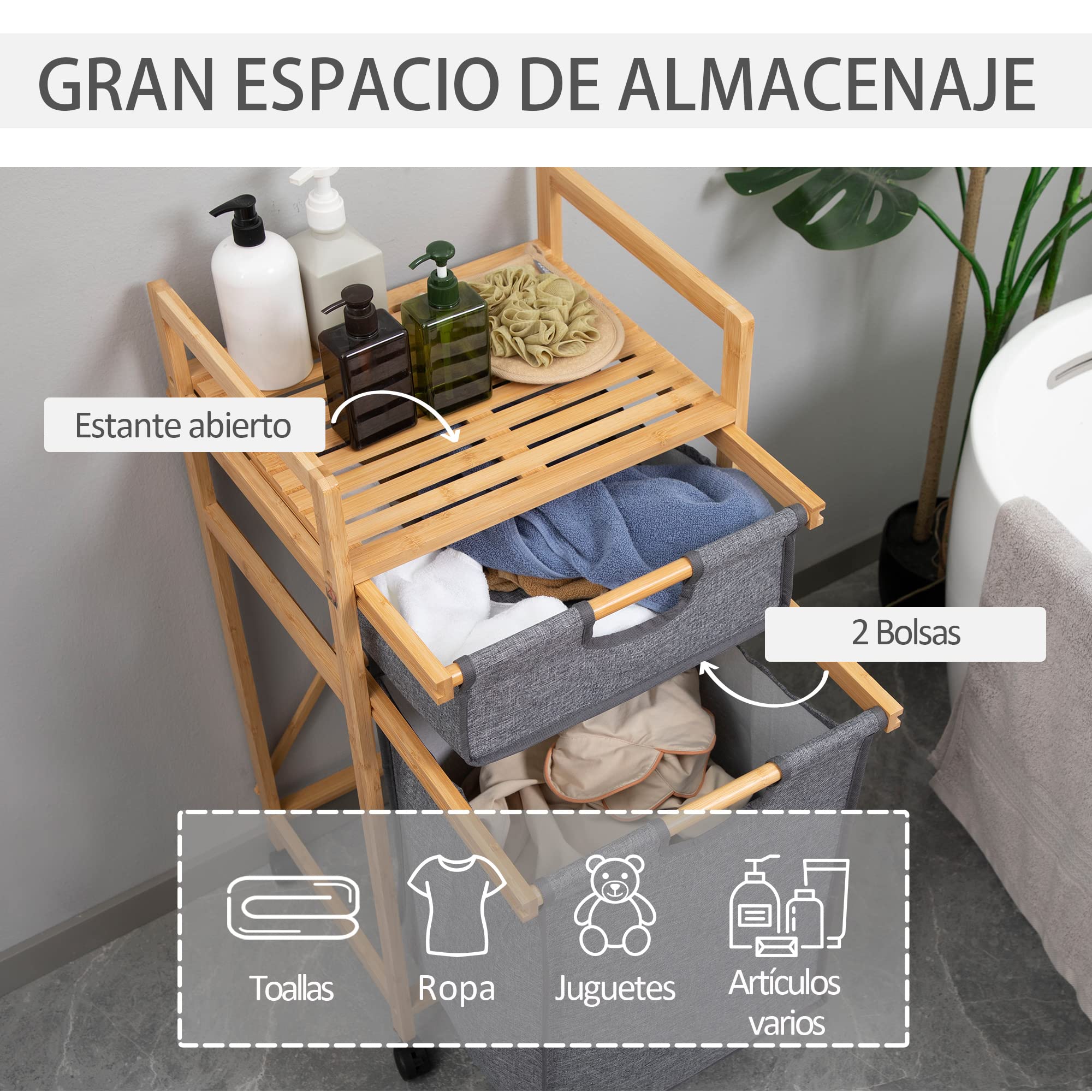 HOMCOM Mueble Cesto para Ropa Sucia de Bambú 2 Bolsas 42x35x84,5 cm Gris | Cesta para la Colada, 2 Bolsas de Tela Extraíbles, Estante Abierto, 2 Asas Laterales, 4 Ruedas