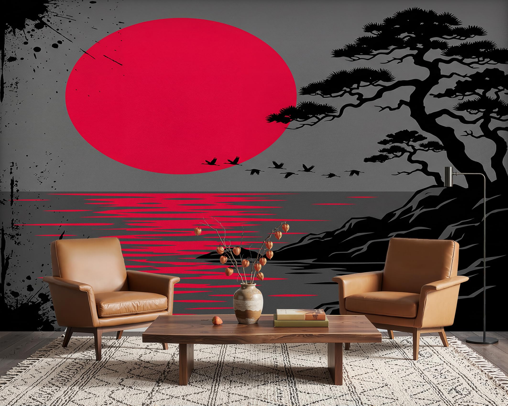 PaxGloz Oriental Landscape Wallpaper, Asian Red Black and Grey Minimalist Japanese Wall Mural for Living Room & Bedroom, Non-Woven Decorative Wall Art 500x280 cm — image 1