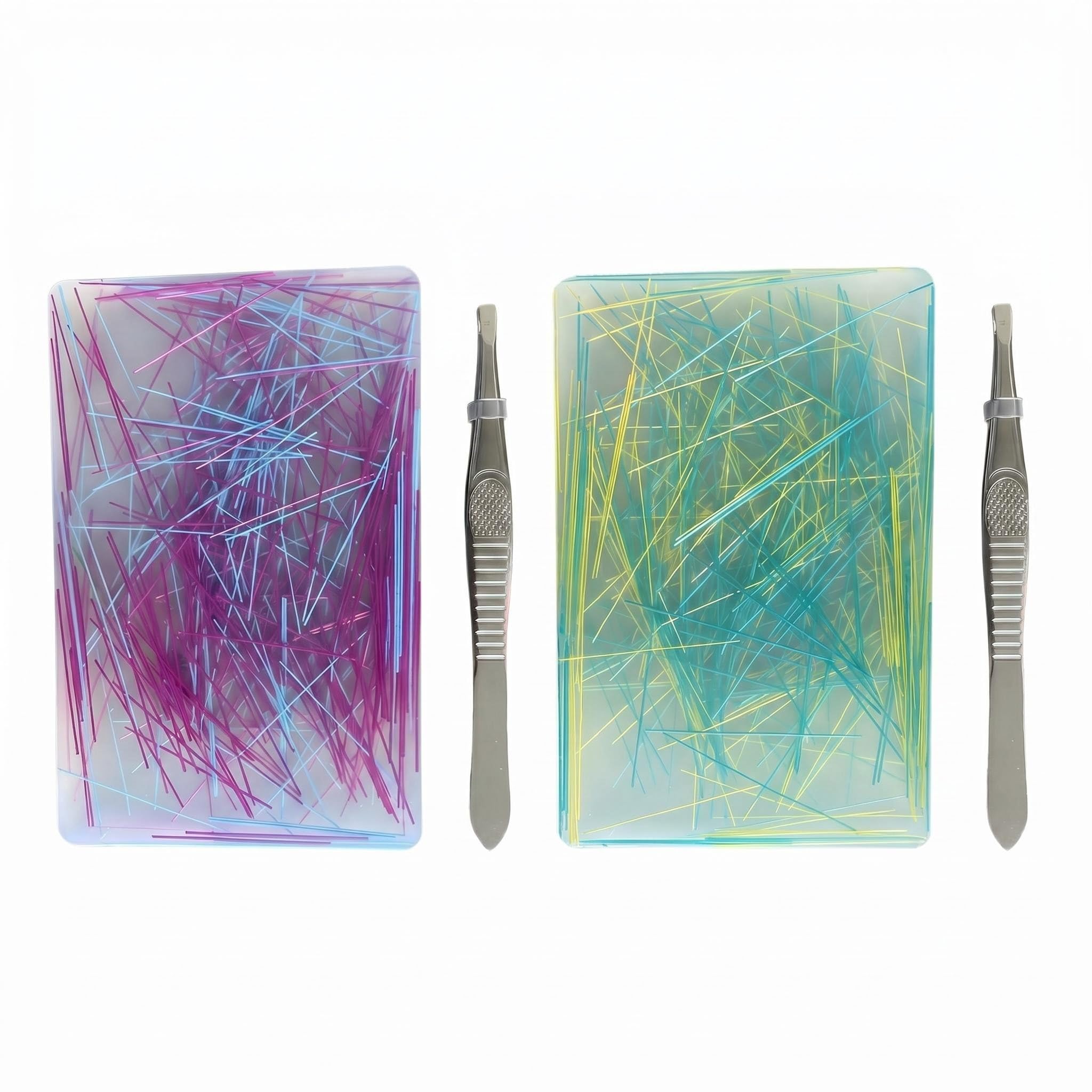 2 Pack ASMR Thread Pulling Box Set with Tweezers, Adult Stress Relief Desk Toy for Anxiety, Portable Silk Line Peeling Fidget, Blue Purple Yellow, 9×6×1cm, Ages 14+
