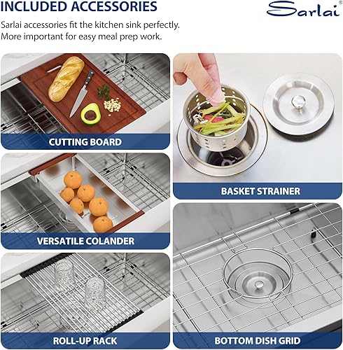 Miniatura 6 de Sarlai - Fregadero de granja de 30 pulgadas, cuenco doble de acero inoxidable de 30 x 22 pulgadas, estación de trabajo de granja de calibre 16,