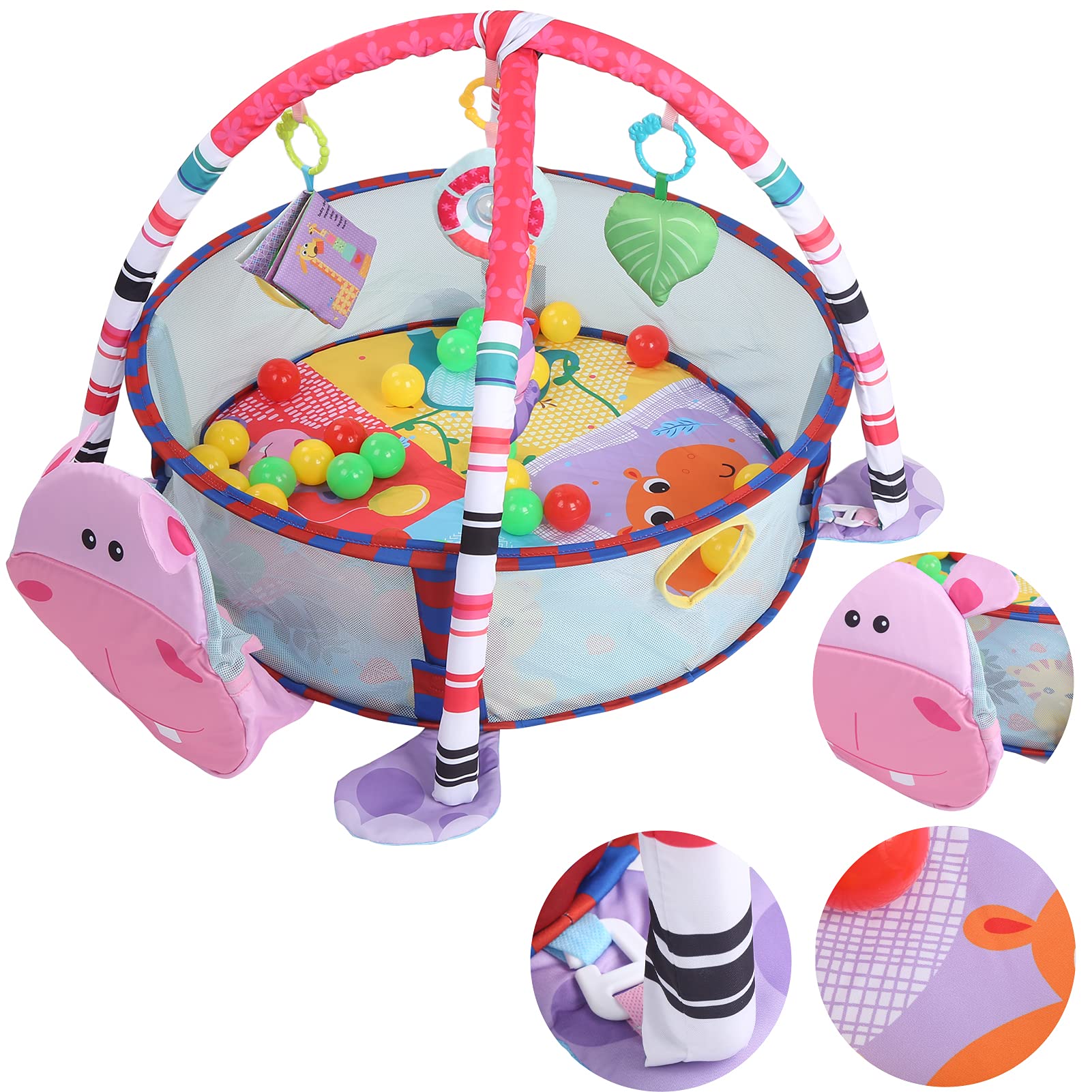 Hidyliu Tappetino da Gioco per Bambini da Palestra con Palline Colorate e Giocattoli Pendenti per Gattonatori Neonati 37,4 X 27,6 X 19,7 Pollici Panno Sicuro (Ippopotamo Rosa)