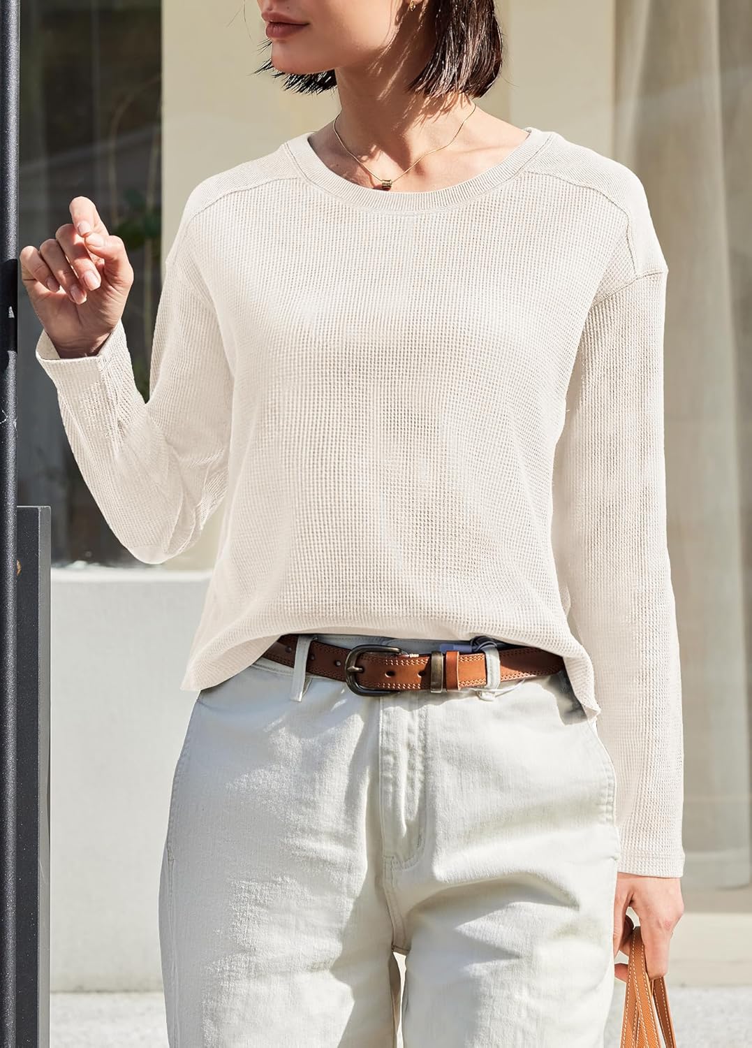 Yanekop Womens Waffle Knit Tops Long Sleeve Tunic Top Oversized T Shirts Crewneck Casual Pullover Fall Outfits 2025 - Image 3