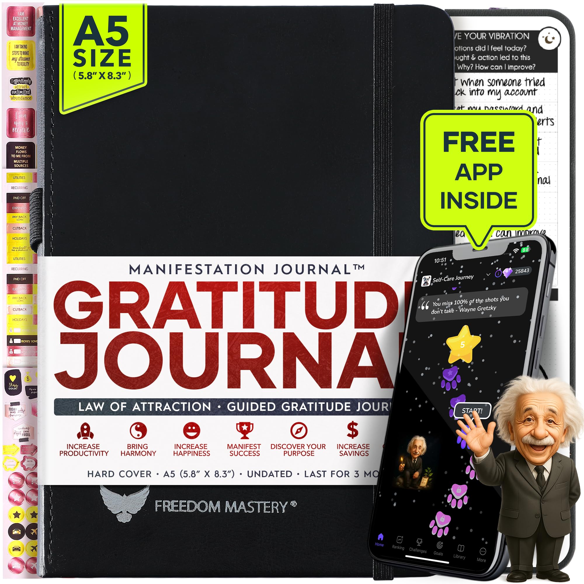 Gratitude Journal for Women & Men - 5 Minute Self Care Journal | 90-Day Undated Daily Planner for Positivity, Affirmations & Manifestation | Guided Mindfulness, Reflection | Vision Board + Stickers