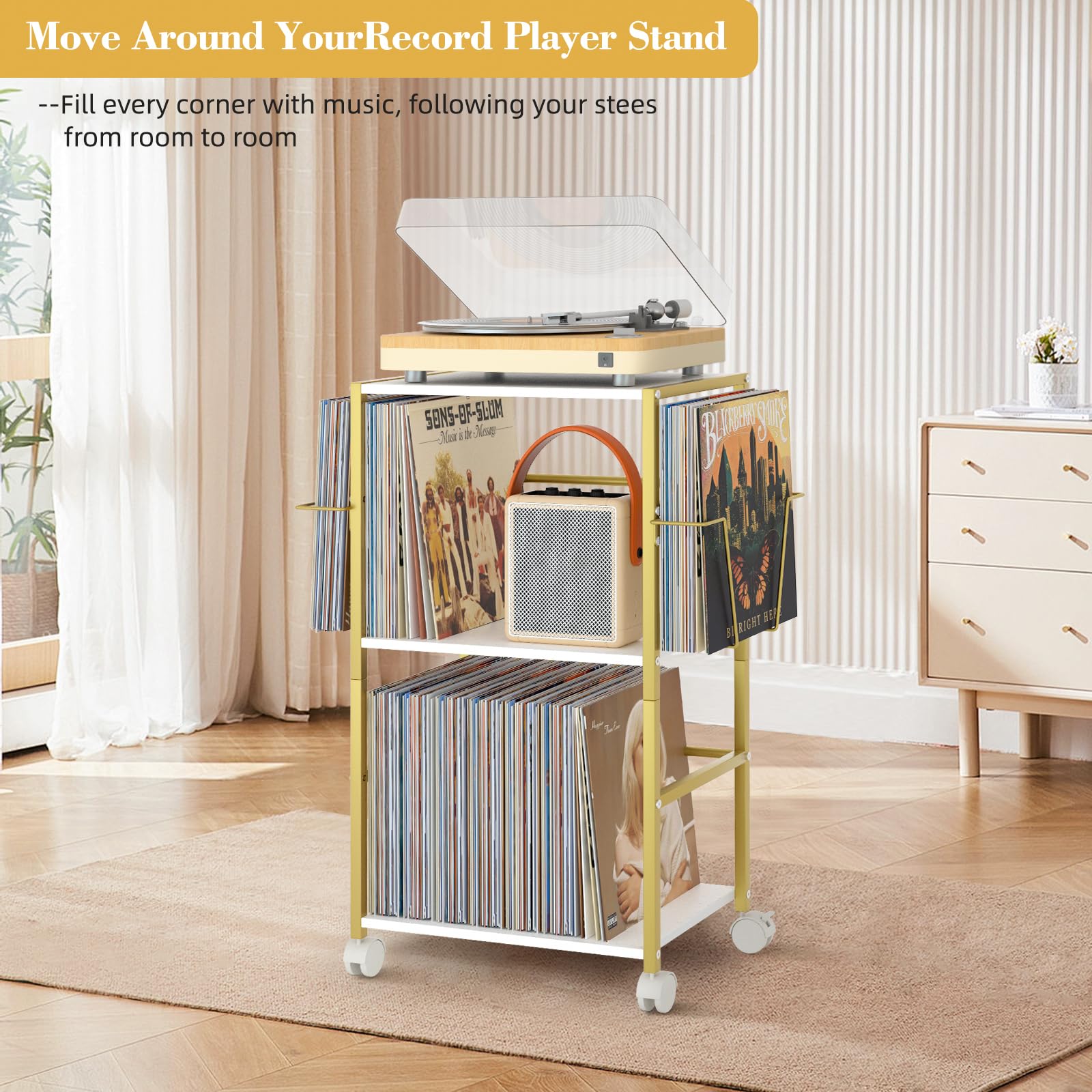 Bikoney Plattenspieler Ständer Rollender Beistelltisch mit Großem Schallplattenständer Vinyl Ständer Wagen für Bis zu 150 Alben Plattenhalter Plattenspieler Tisch mit 2 Vinyl Displays, Gold